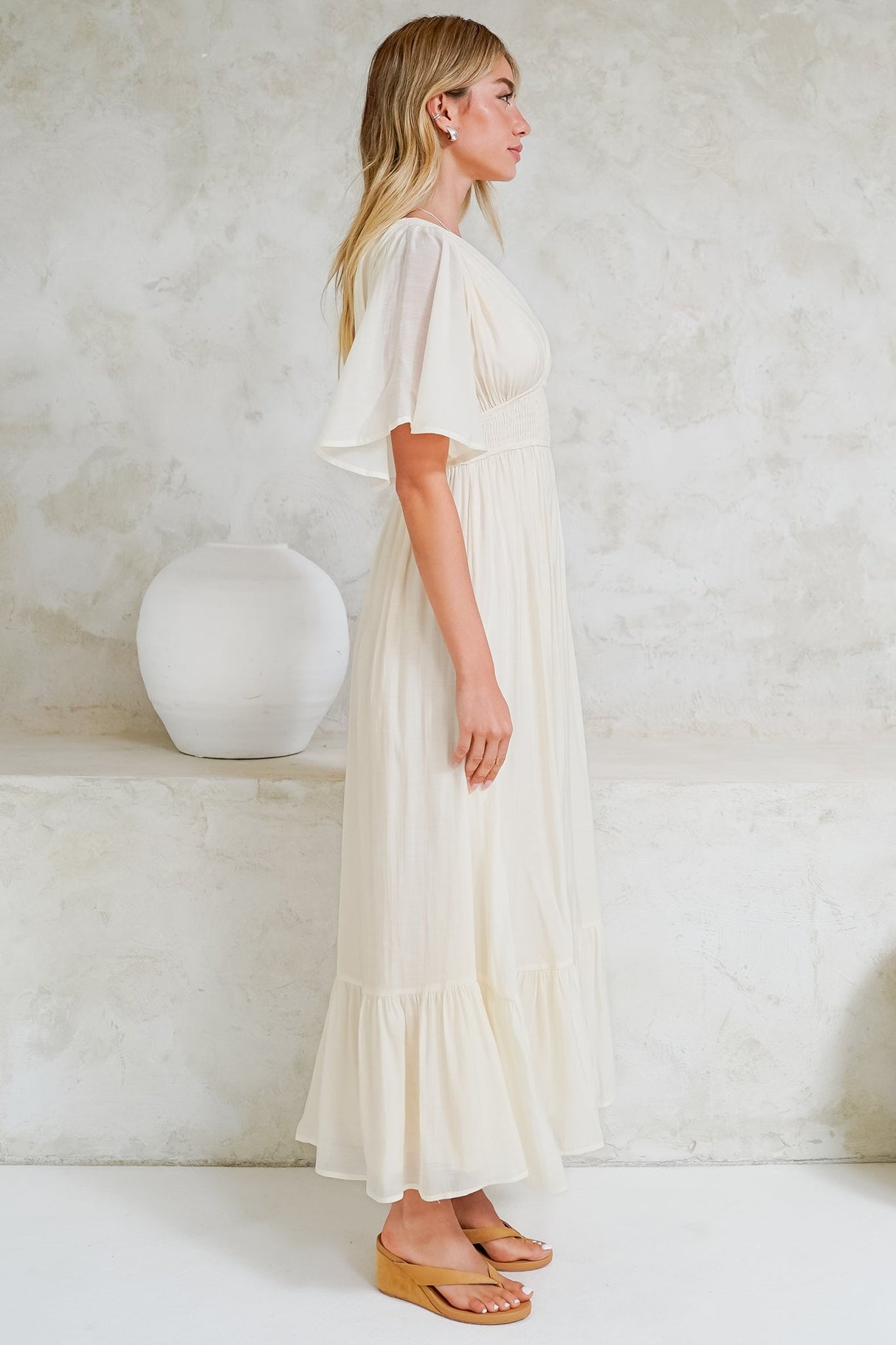 Glades Maxi Dress - V Neck Shirred Waist A Line Dress in Cream