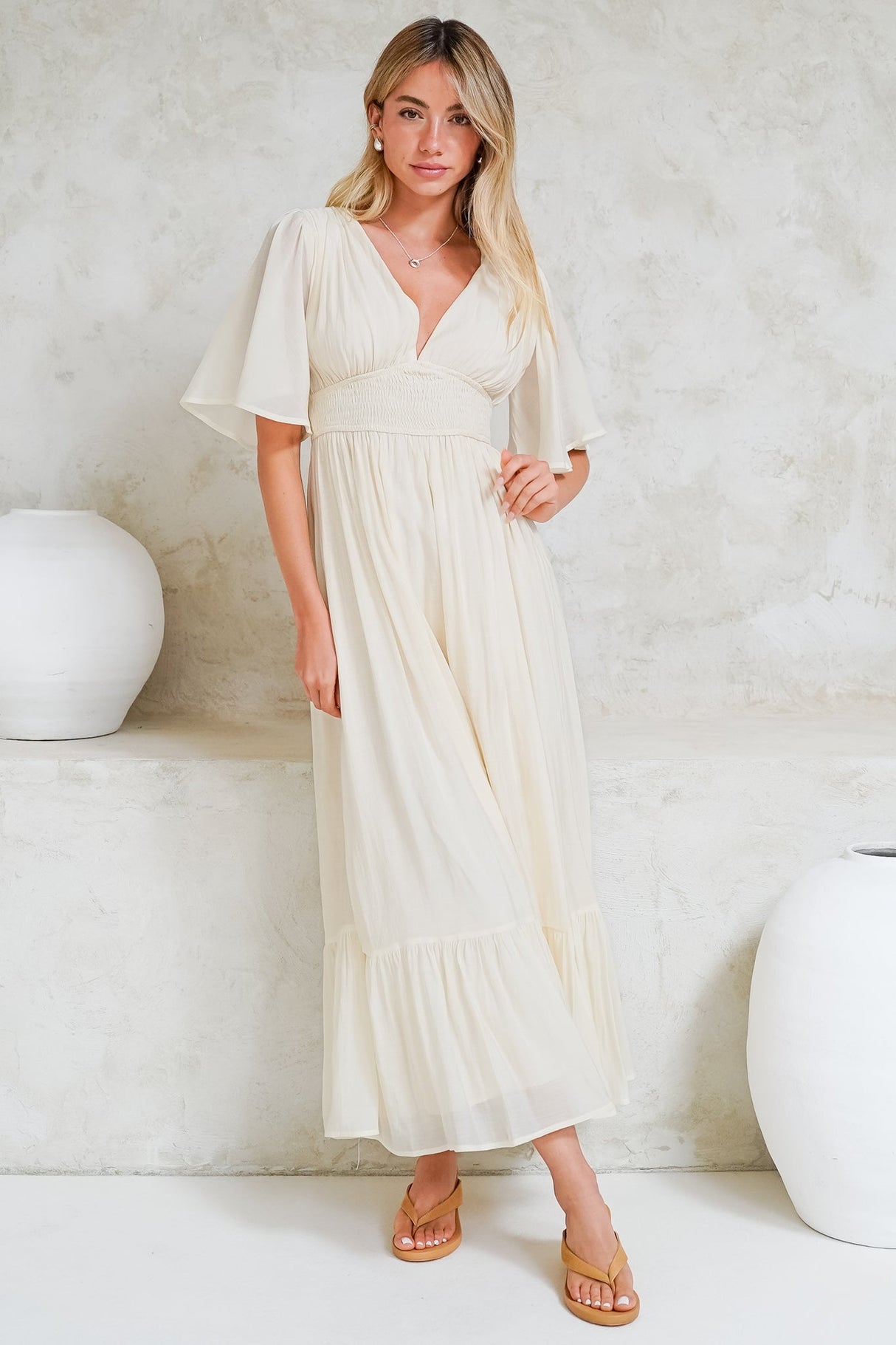 Glades Maxi Dress - V Neck Shirred Waist A Line Dress in Cream