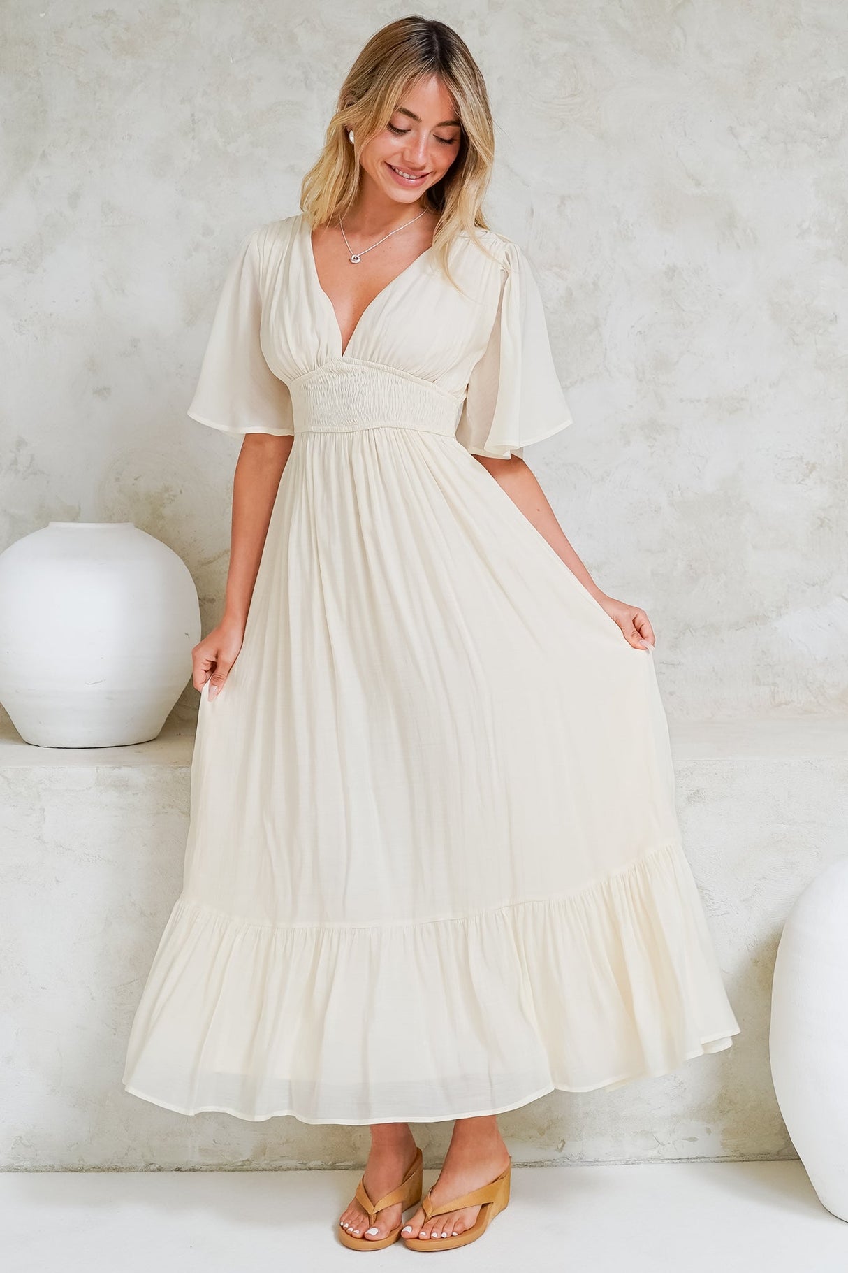 Glades Maxi Dress - V Neck Shirred Waist A Line Dress in Cream