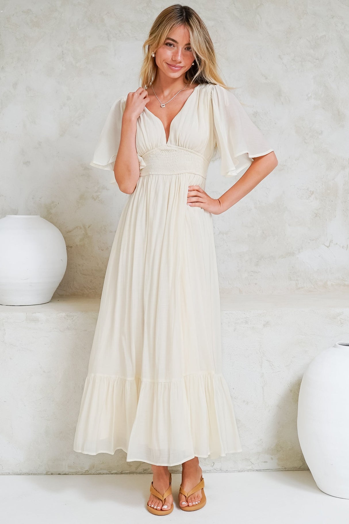 Glades Maxi Dress - V Neck Shirred Waist A Line Dress in Cream