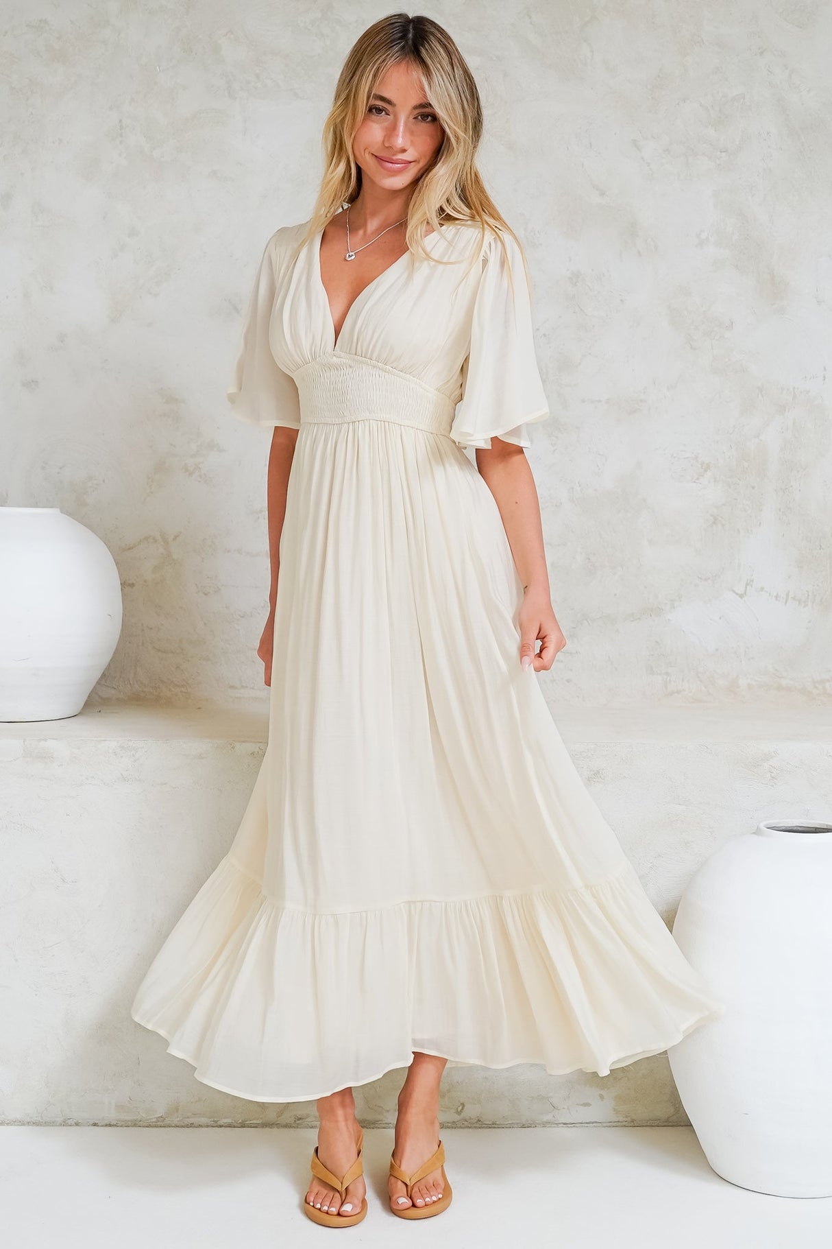 Glades Maxi Dress - V Neck Shirred Waist A Line Dress in Cream