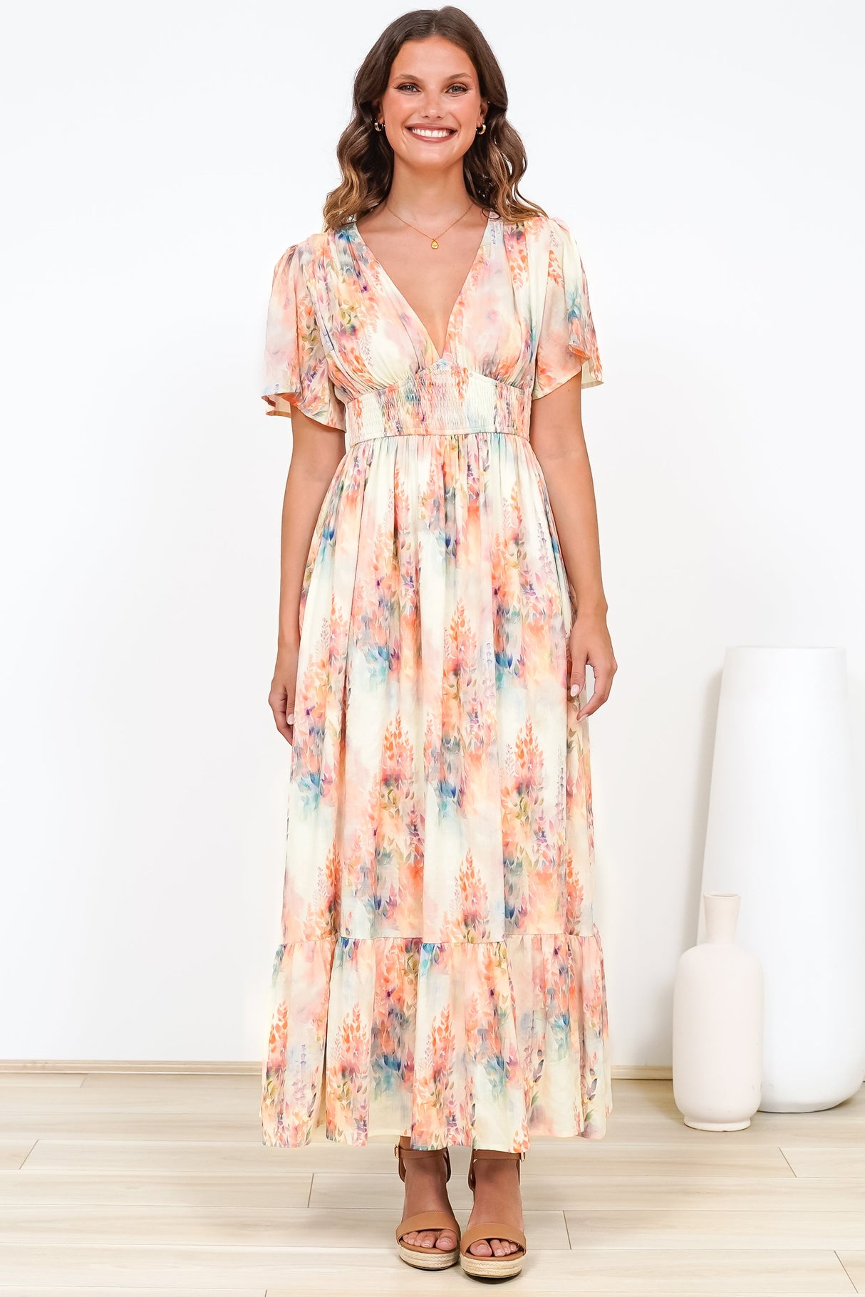 Glades Maxi Dress - V Neck Shirred Waist A Line Dress in Helena Print