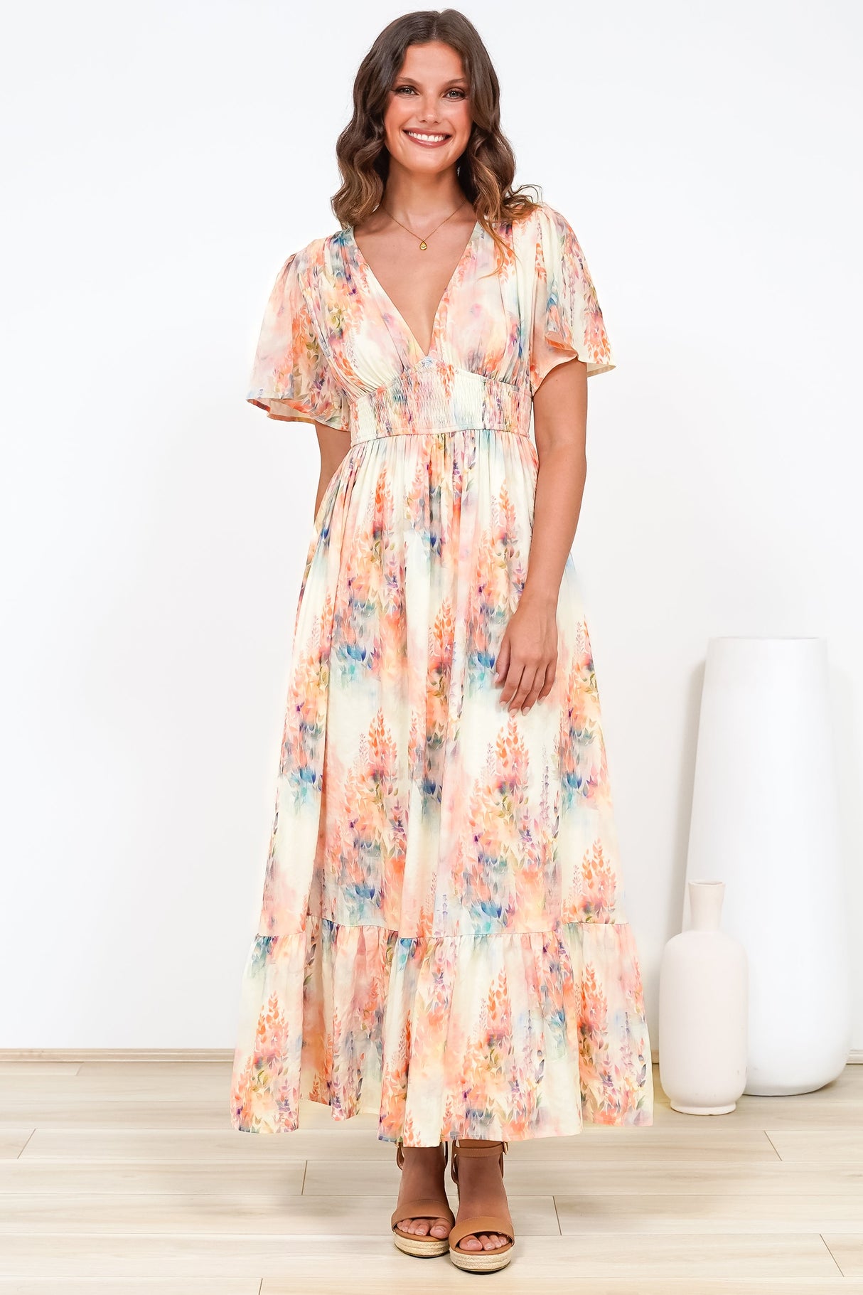 Glades Maxi Dress - V Neck Shirred Waist A Line Dress in Helena Print