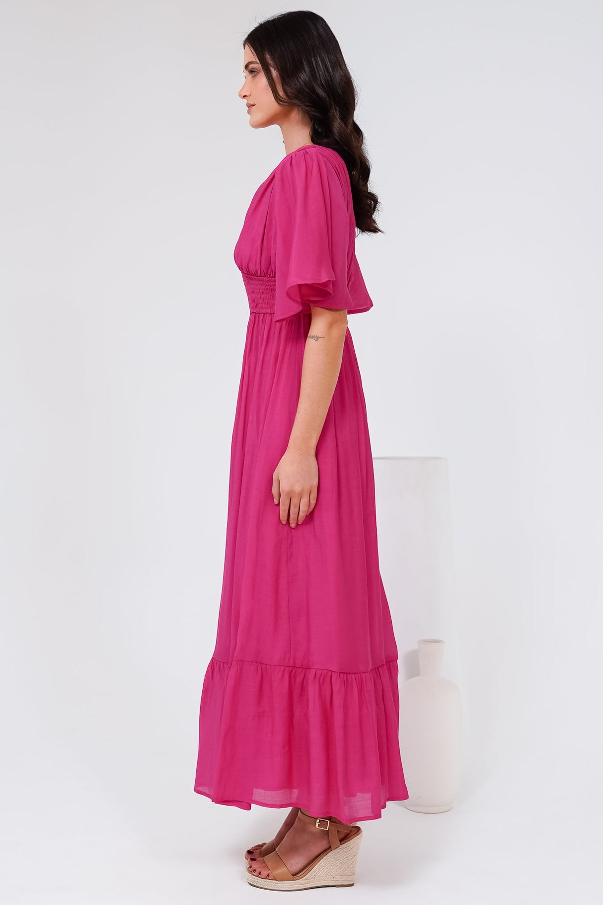 Glades Maxi Dress - V Neck Shirred Waist A Line Dress in Hot Pink