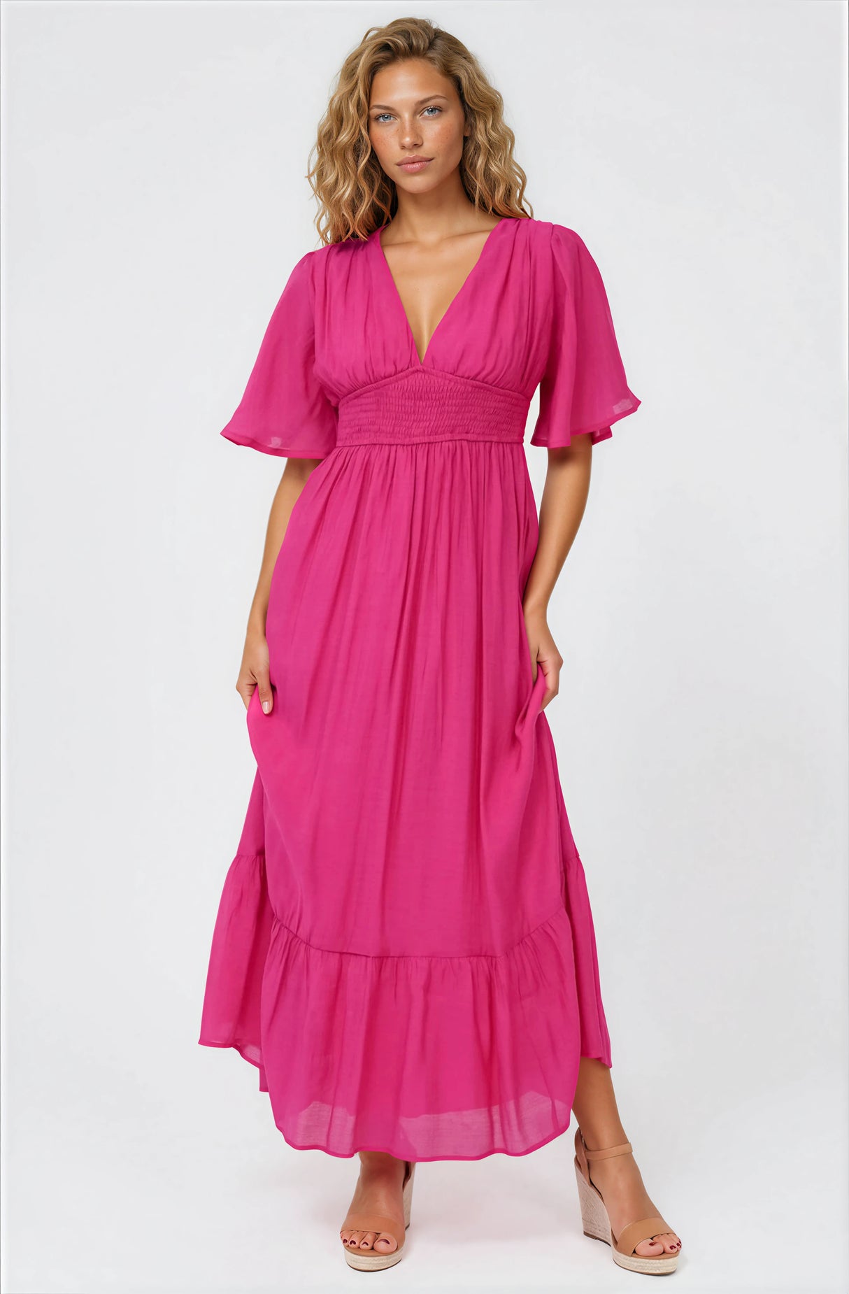 Glades Maxi Dress - V Neck Shirred Waist A Line Dress in Hot Pink