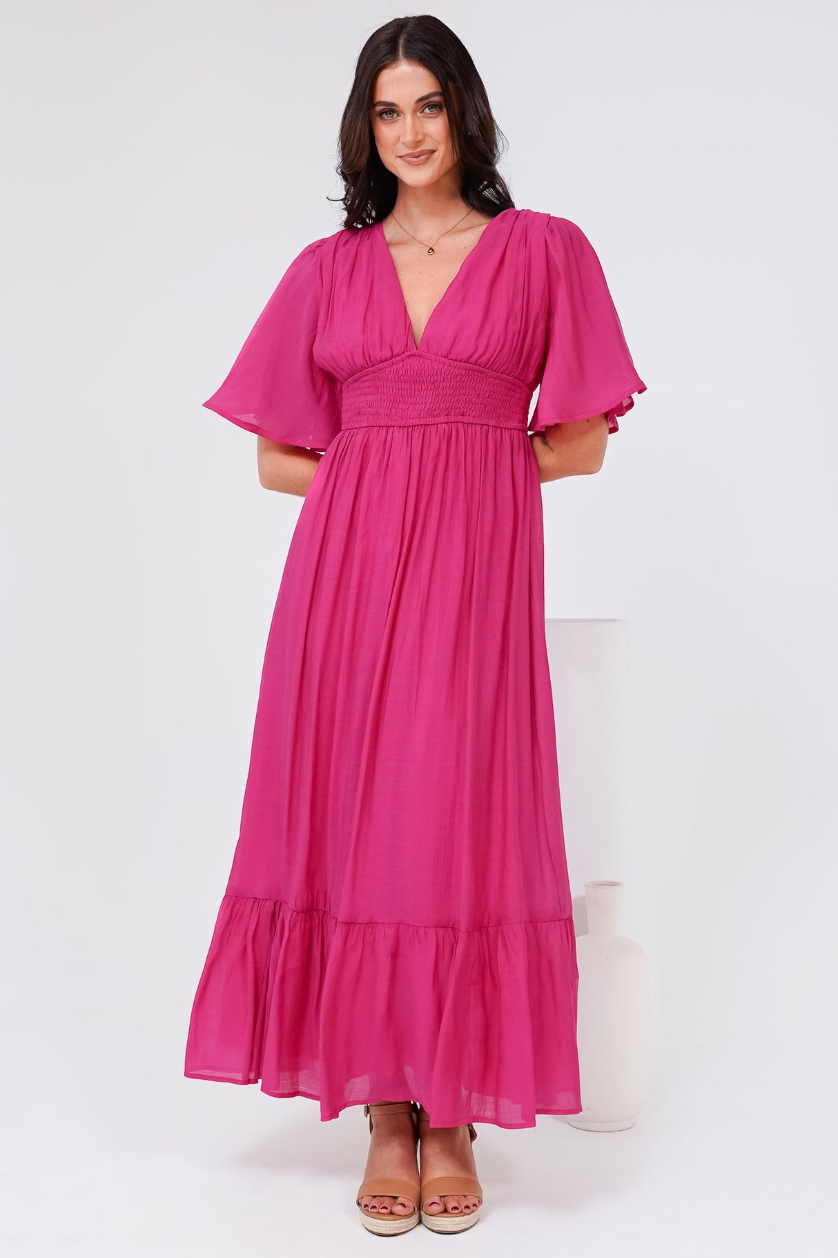 Glades Maxi Dress - V Neck Shirred Waist A Line Dress in Hot Pink