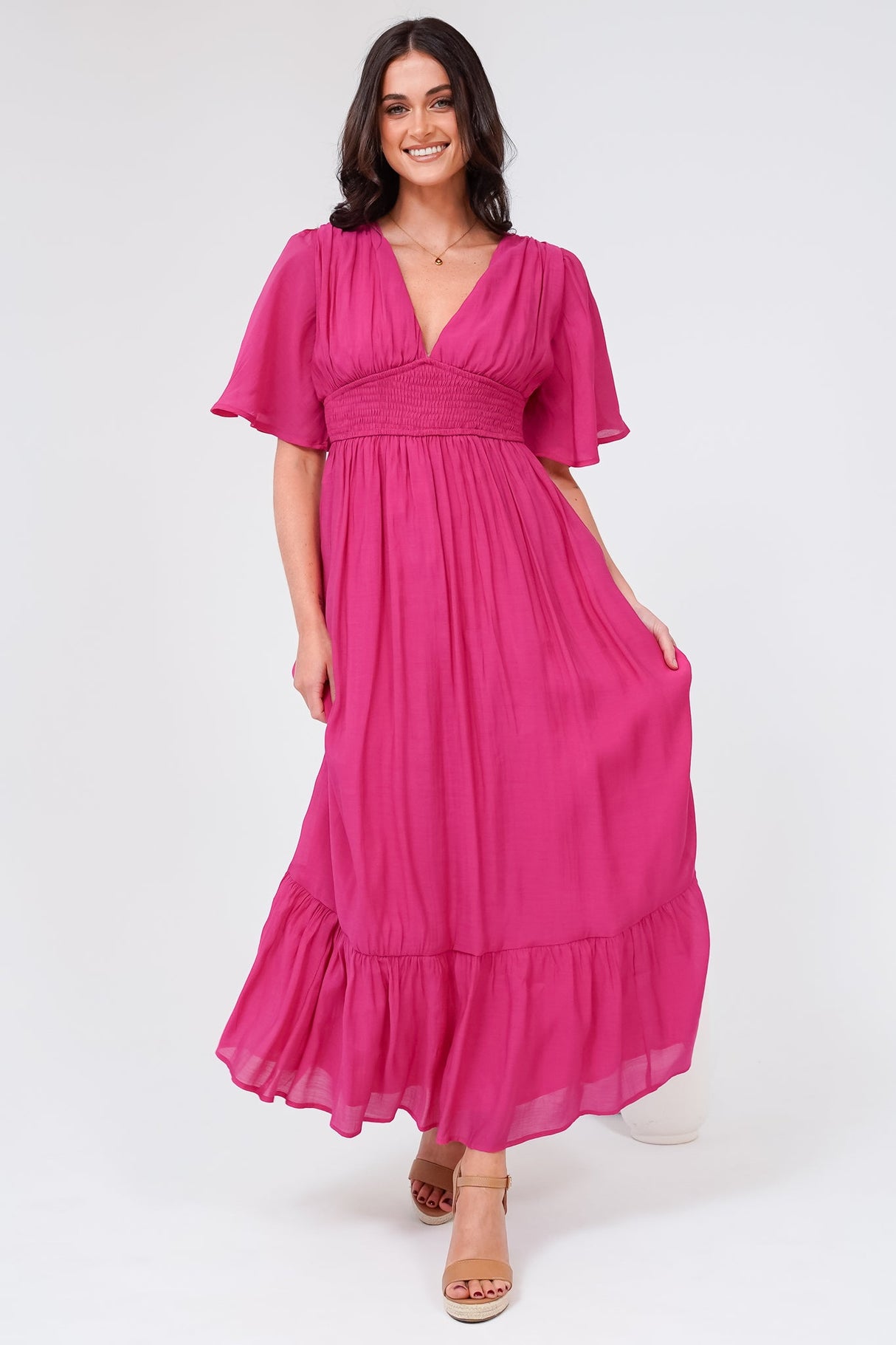 Glades Maxi Dress - V Neck Shirred Waist A Line Dress in Hot Pink