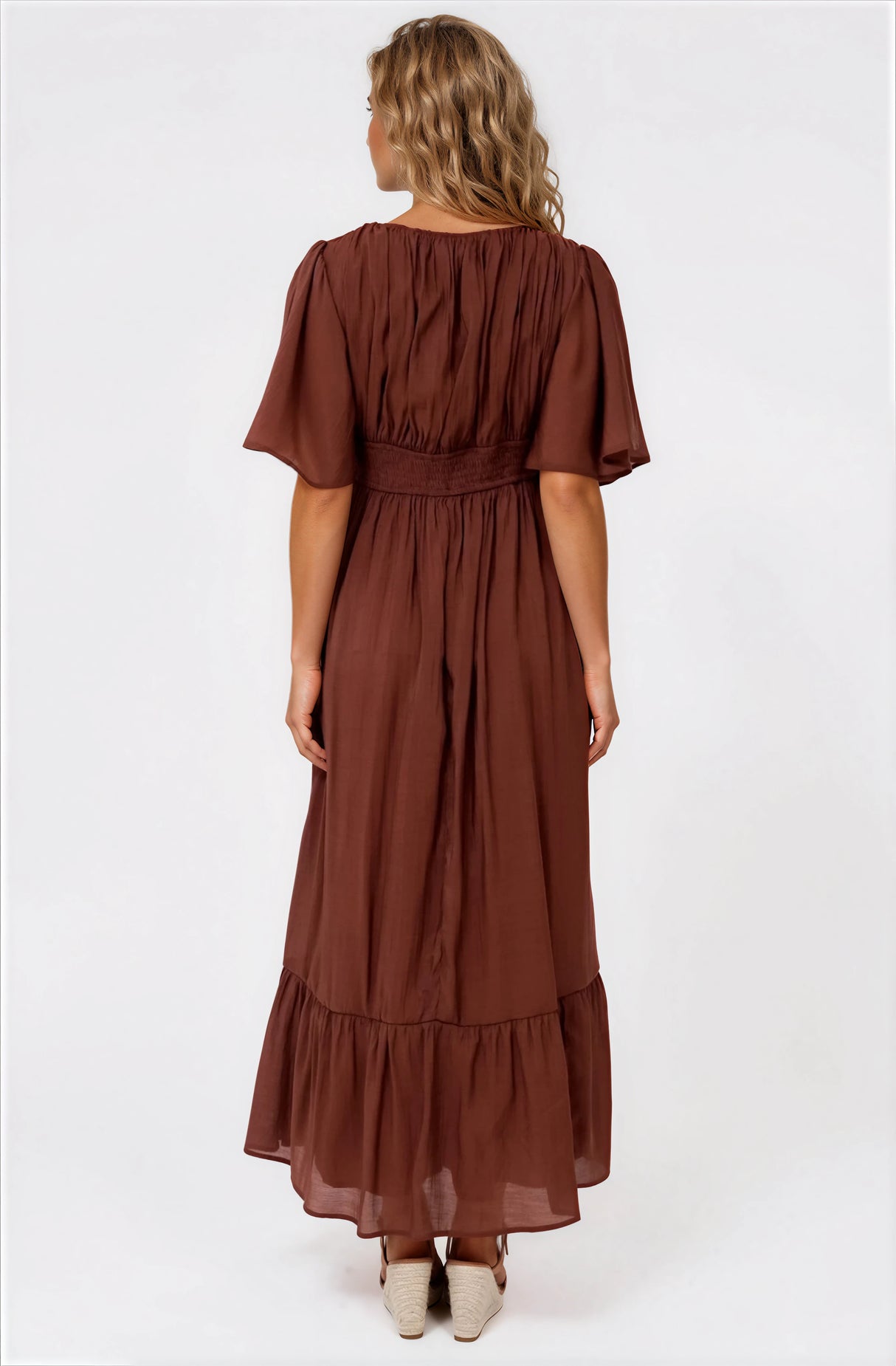 Glades Maxi Dress - V Neck Shirred Waist A Line Dress in Rust