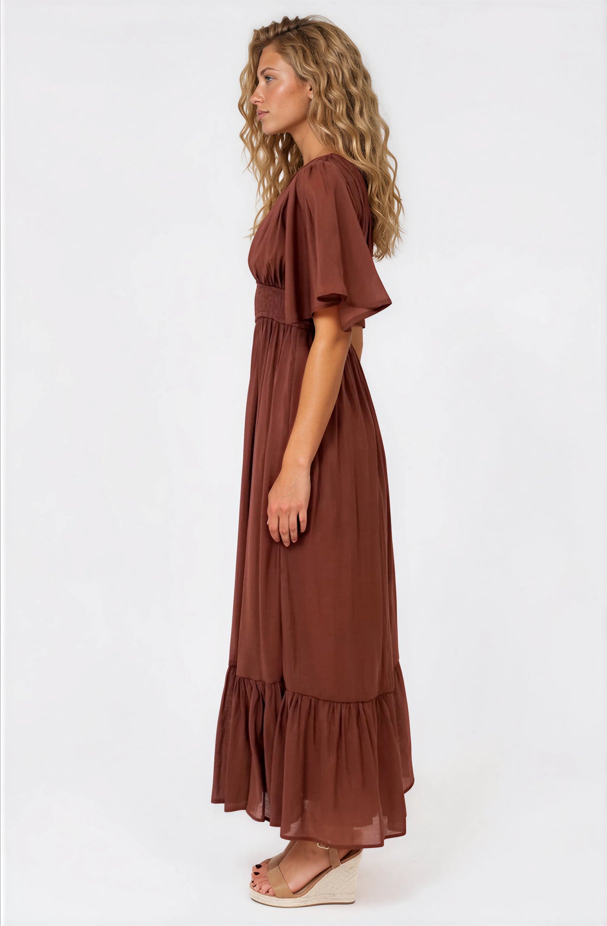 Glades Maxi Dress - V Neck Shirred Waist A Line Dress in Rust