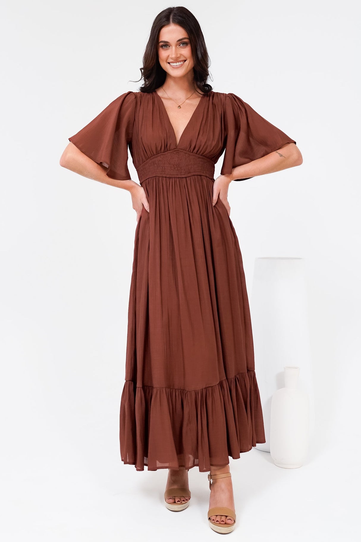 Glades Maxi Dress - V Neck Shirred Waist A Line Dress in Rust