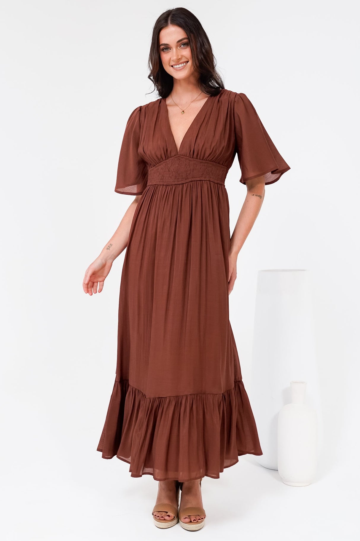 Glades Maxi Dress - V Neck Shirred Waist A Line Dress in Rust