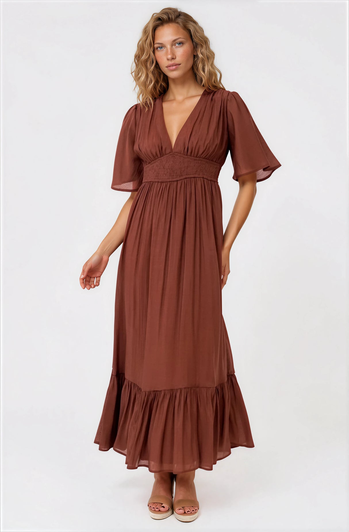 Glades Maxi Dress - V Neck Shirred Waist A Line Dress in Rust