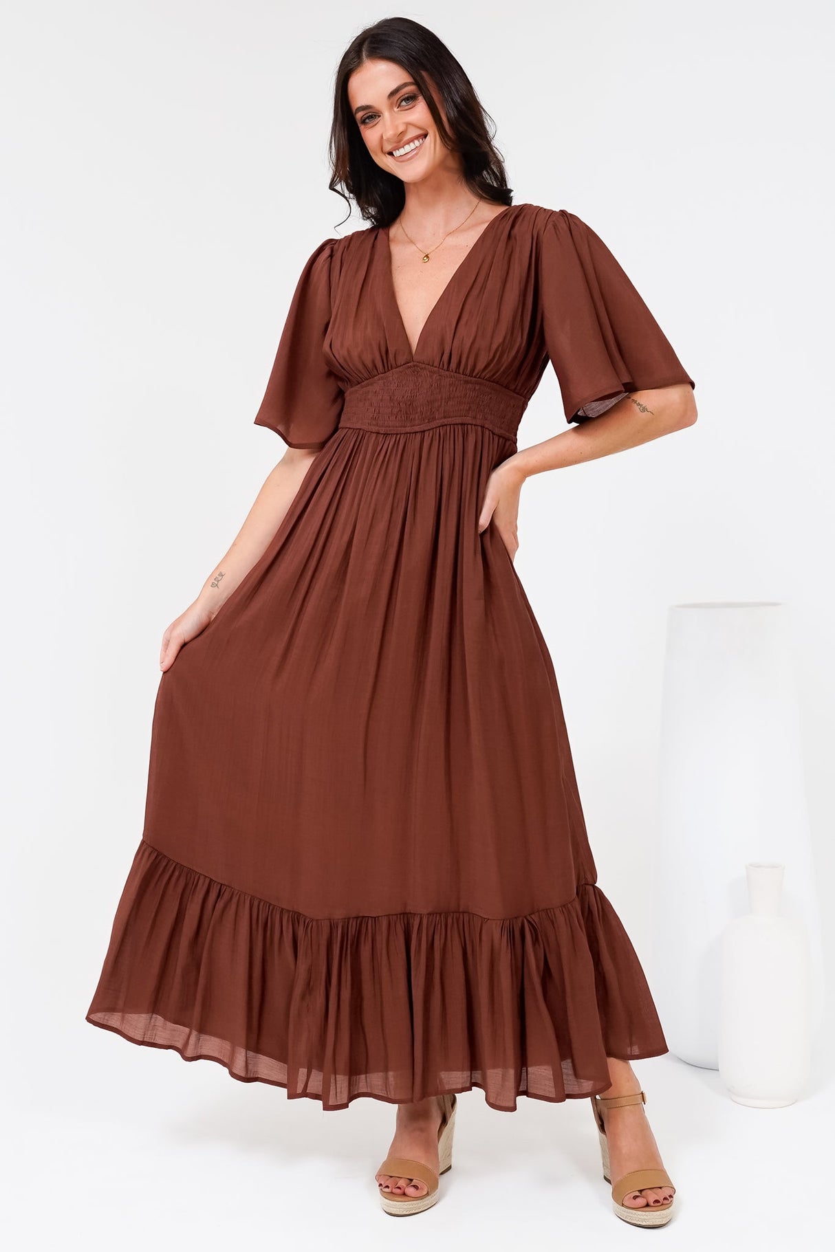 Glades Maxi Dress - V Neck Shirred Waist A Line Dress in Rust