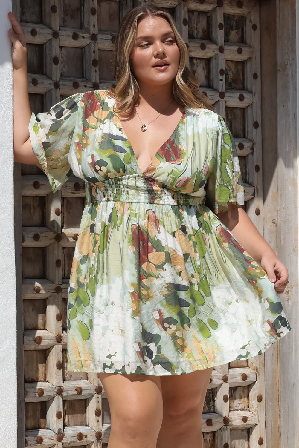 Glades Mini Dress - V Neck Shirred Waist A Line Dress in Kamara Print Green