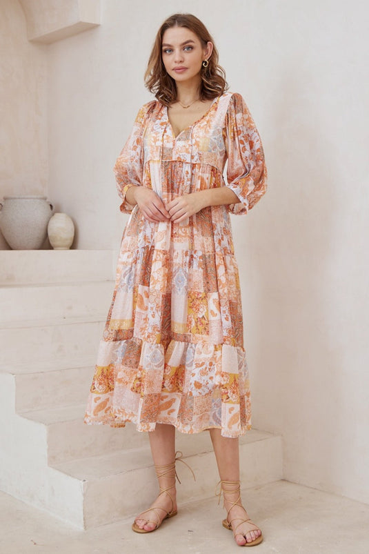 Gloria Maxi Dress - Tiered Smock Dress in Indie Print