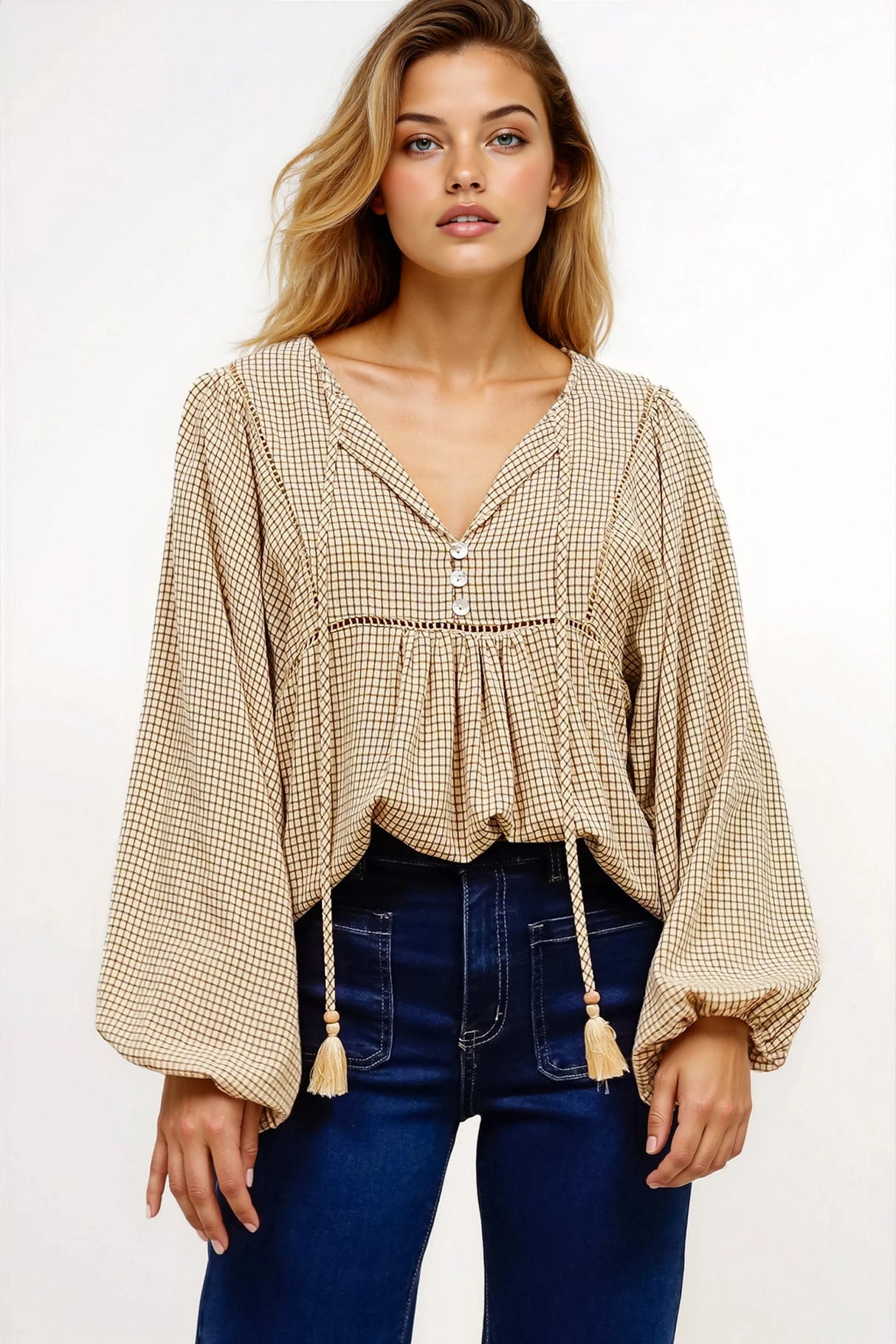 Graya Top - Gingham Ladder Lace Detailed Pull Over with Balloon Sleeves in Echo Print Beige