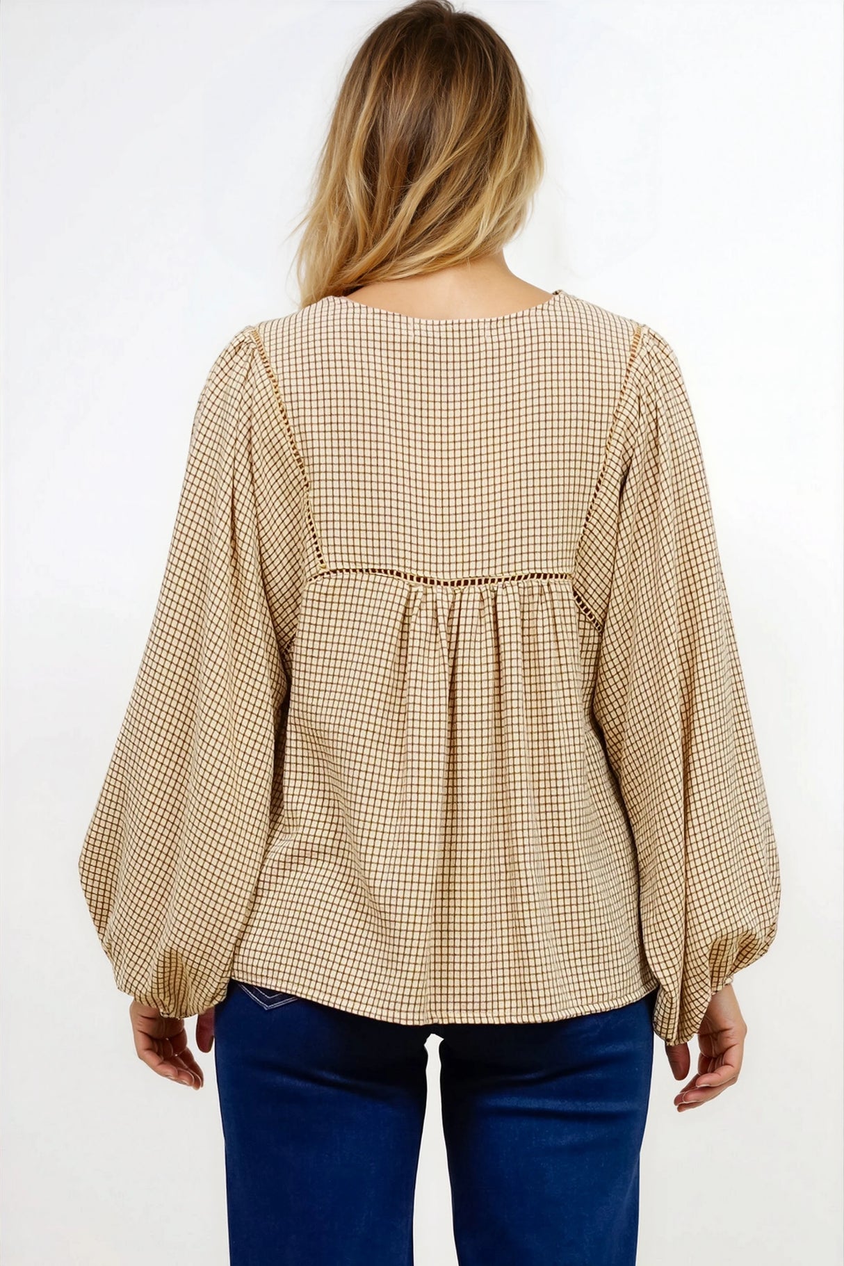 Graya Top - Gingham Ladder Lace Detailed Pull Over with Balloon Sleeves in Echo Print Beige
