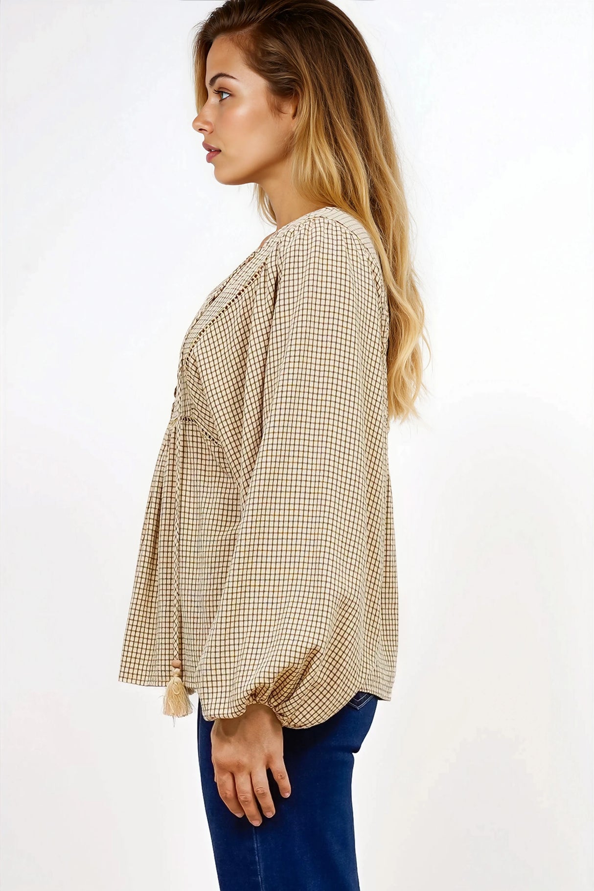 Graya Top - Gingham Ladder Lace Detailed Pull Over with Balloon Sleeves in Echo Print Beige