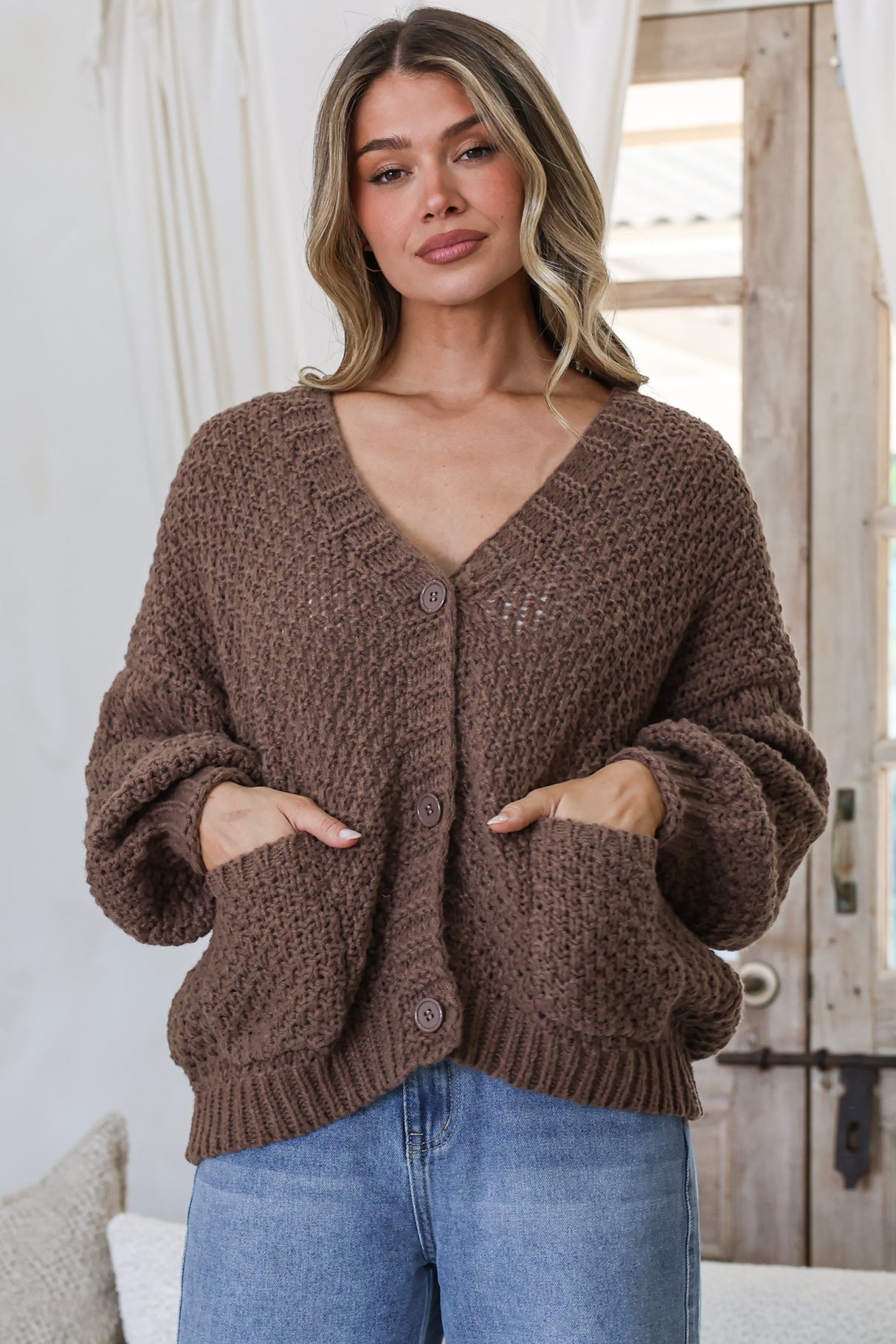 Grayson Cardigan - V-Neck Button Front Knit with Pockets and Balloon Sleeves in Coffee