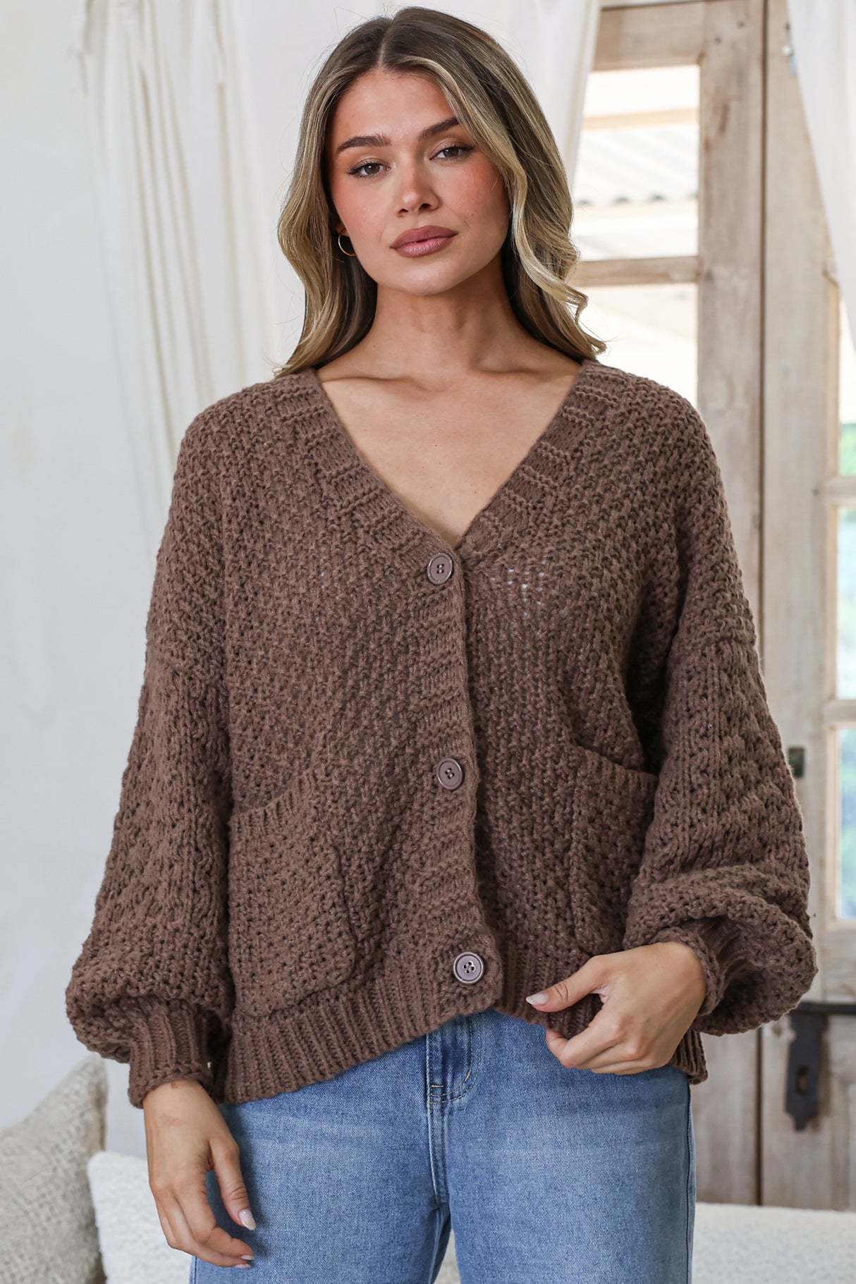 Grayson Cardigan - V-Neck Button Front Knit with Pockets and Balloon Sleeves in Coffee
