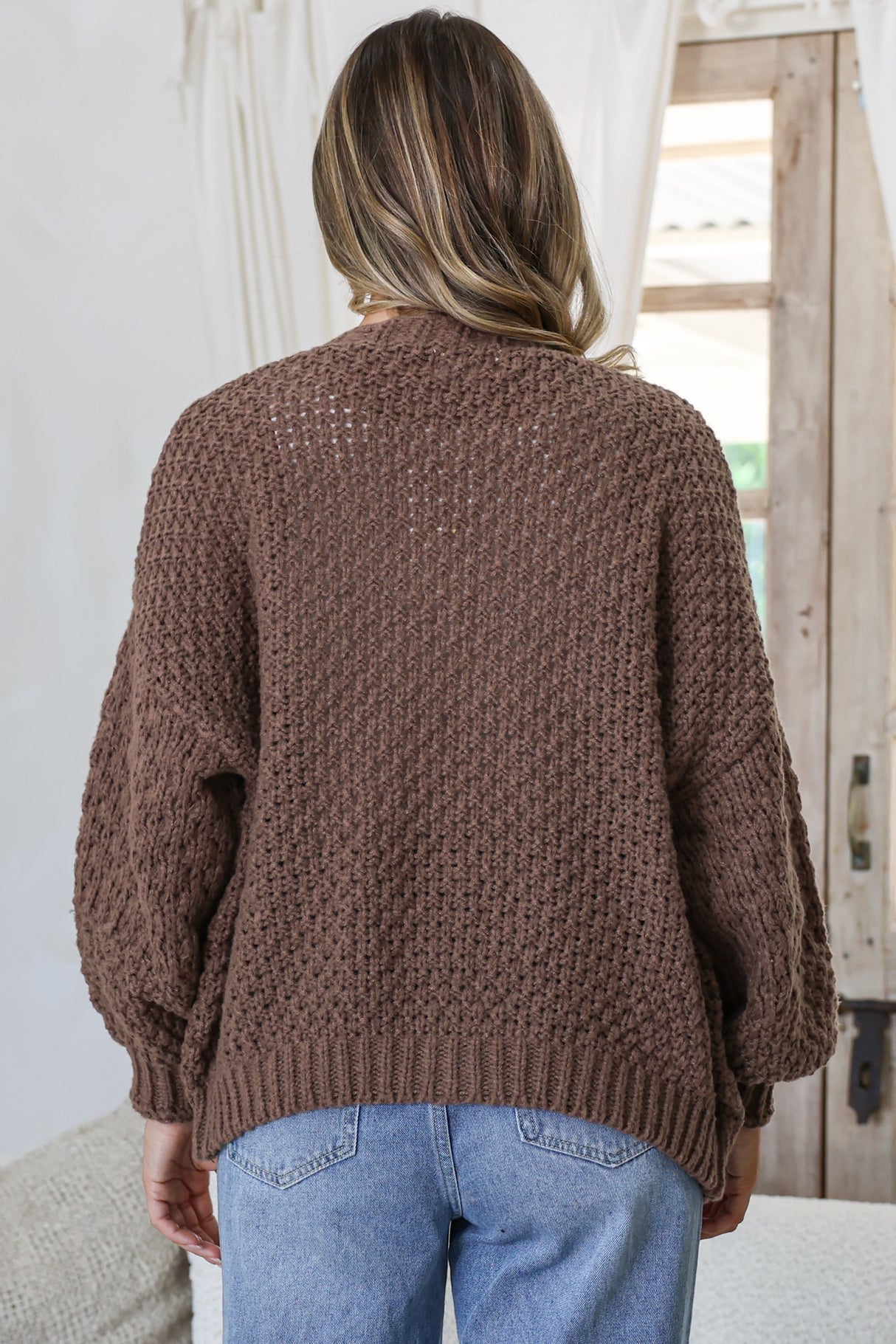 Grayson Cardigan - V-Neck Button Front Knit with Pockets and Balloon Sleeves in Coffee