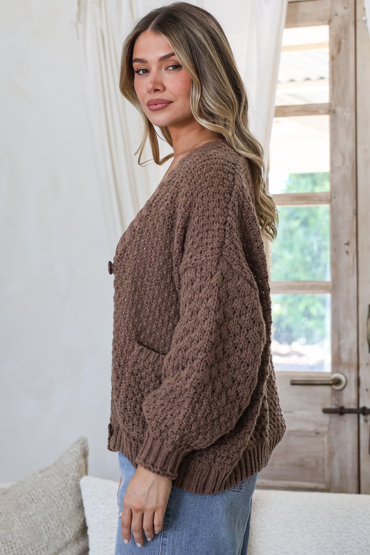 Grayson Cardigan - V-Neck Button Front Knit with Pockets and Balloon Sleeves in Coffee