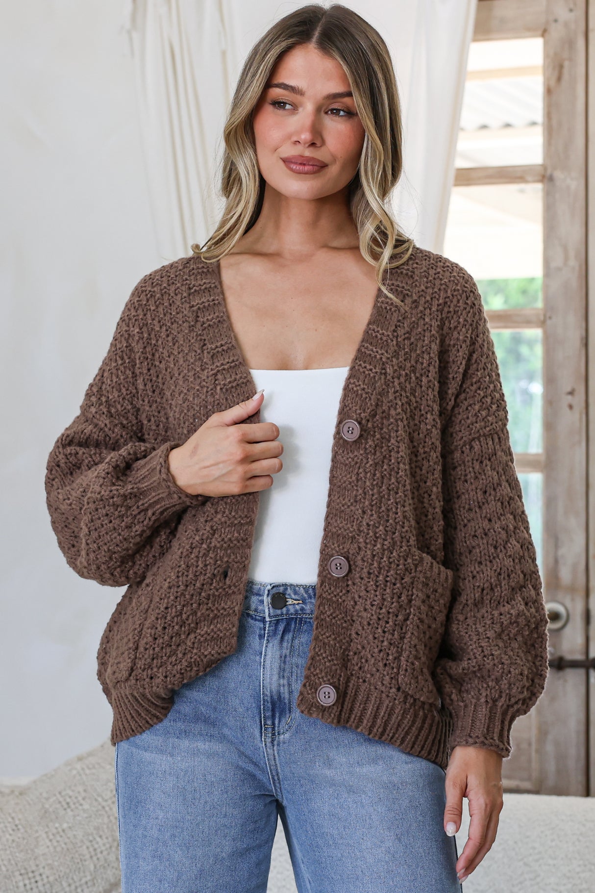 Grayson Cardigan - V-Neck Button Front Knit with Pockets and Balloon Sleeves in Coffee