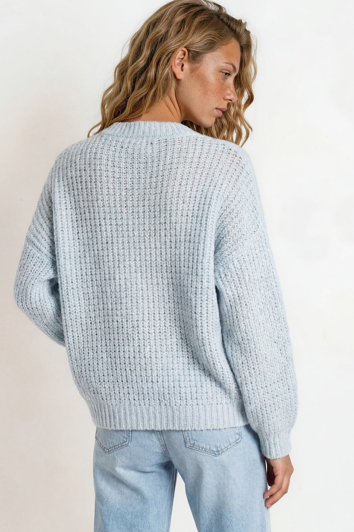 Model wearing Grayson Cardigan in Blue from Salty Crush