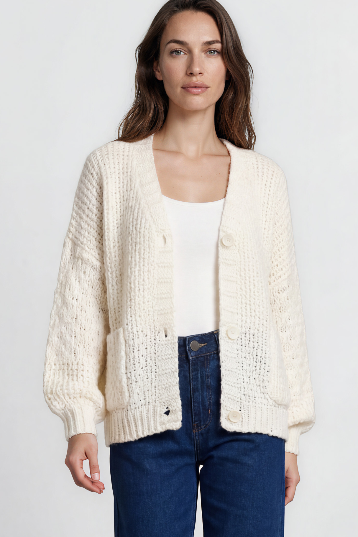 Model wearing Grayson Cardigan in Cream from Salty Crush