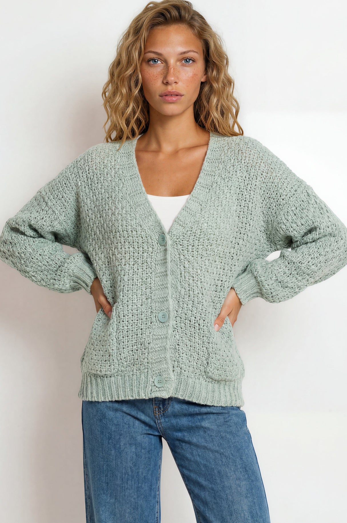 Model wearing Grayson Cardigan in Sage from Salty Crush