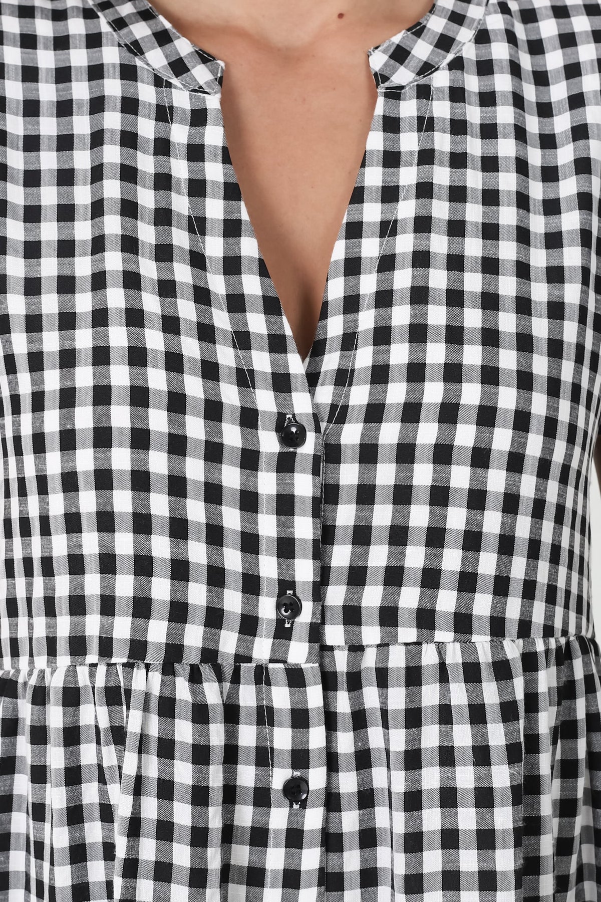 Greta Mini Dress - Manadrin Collar Button Down Dress in Gingham Print Black