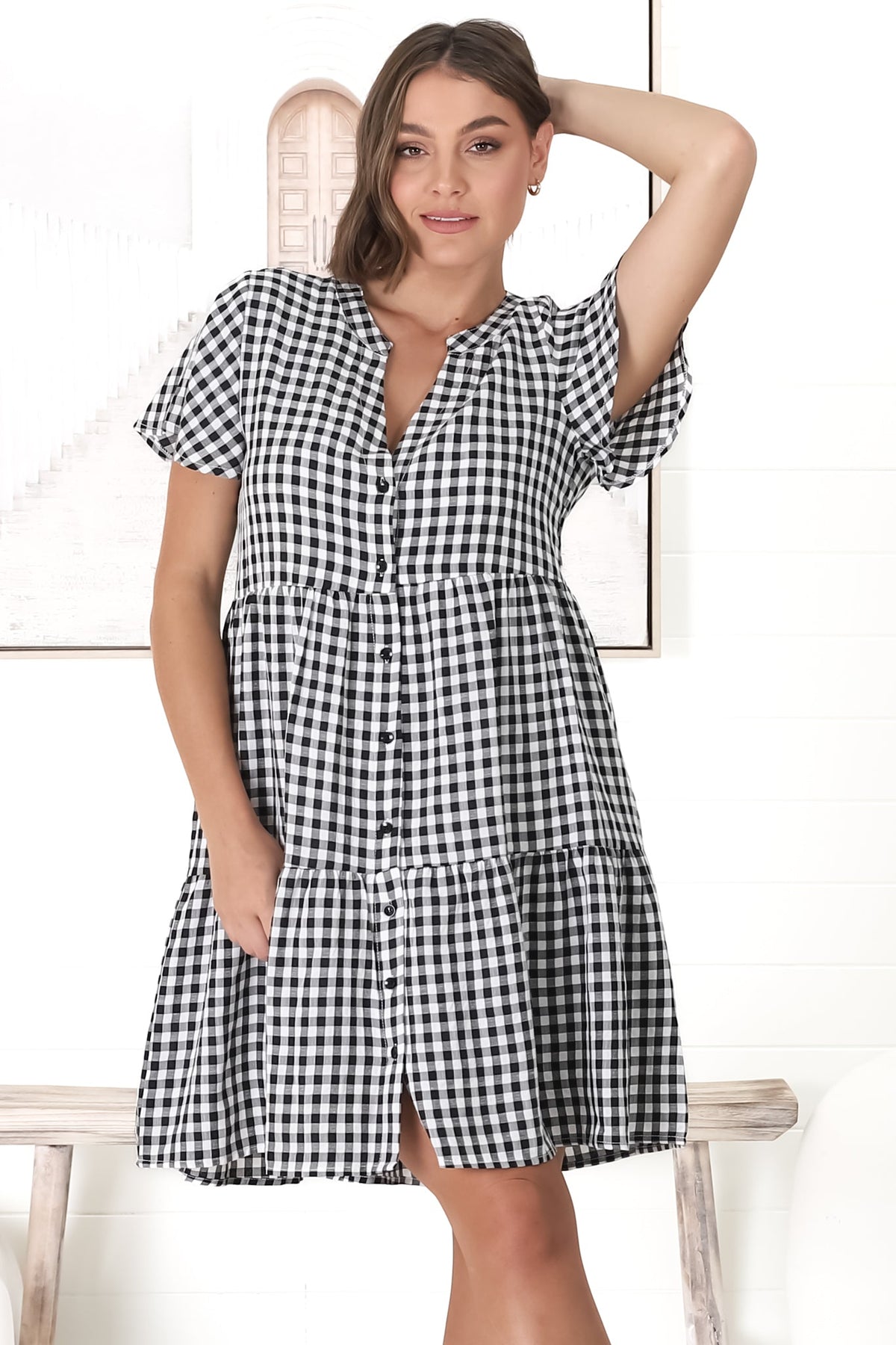 Greta Mini Dress - Manadrin Collar Button Down Dress in Gingham Print Black