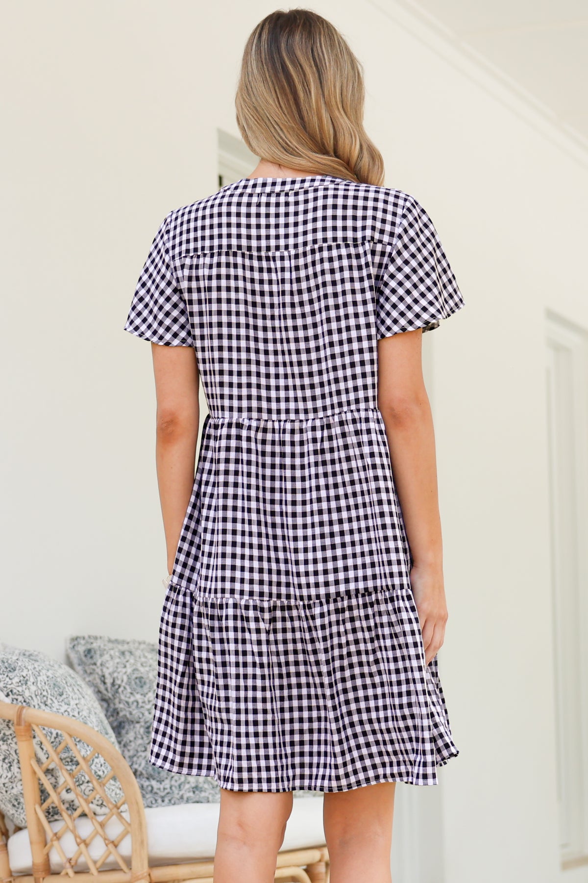 Greta Mini Dress - Manadrin Collar Button Down Dress in Gingham Print Black