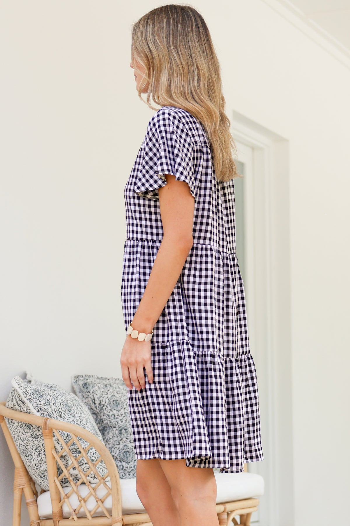 Greta Mini Dress - Manadrin Collar Button Down Dress in Gingham Print Black