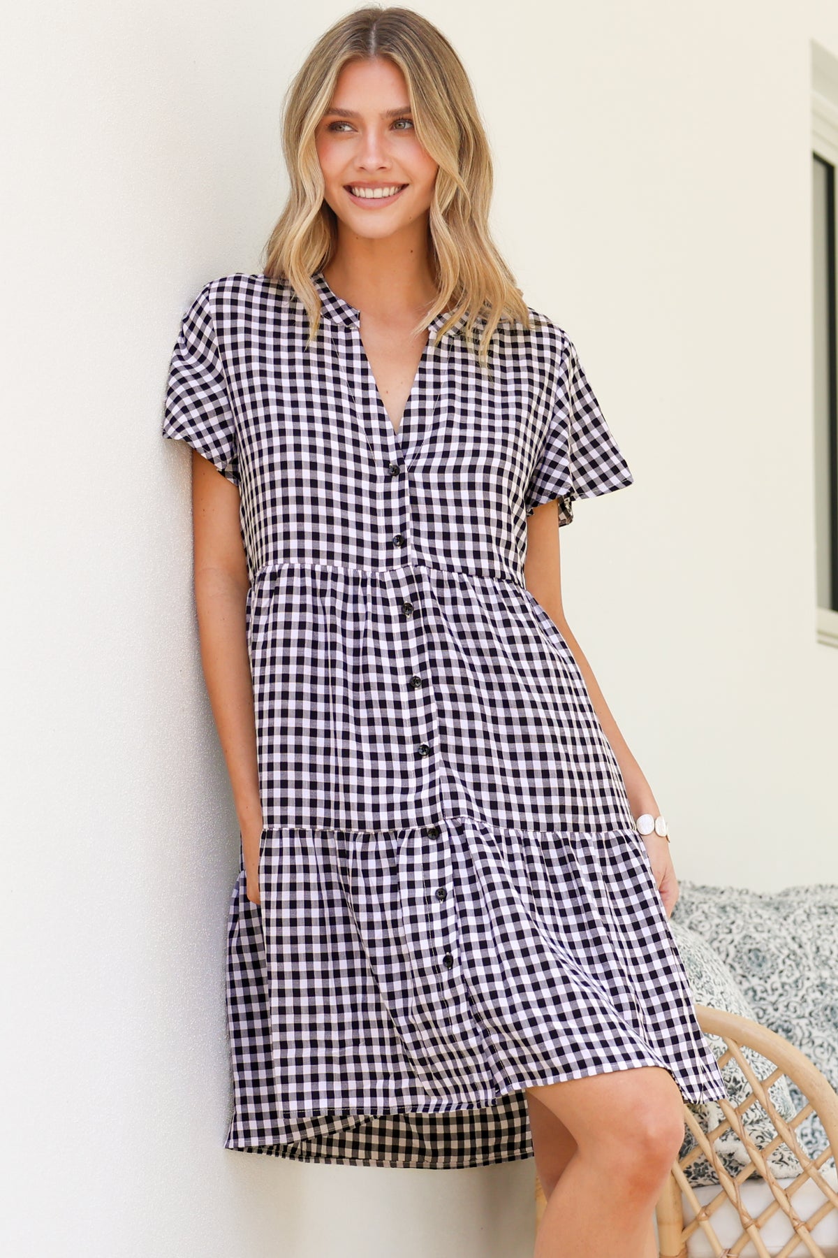 Greta Mini Dress - Manadrin Collar Button Down Dress in Gingham Print Black