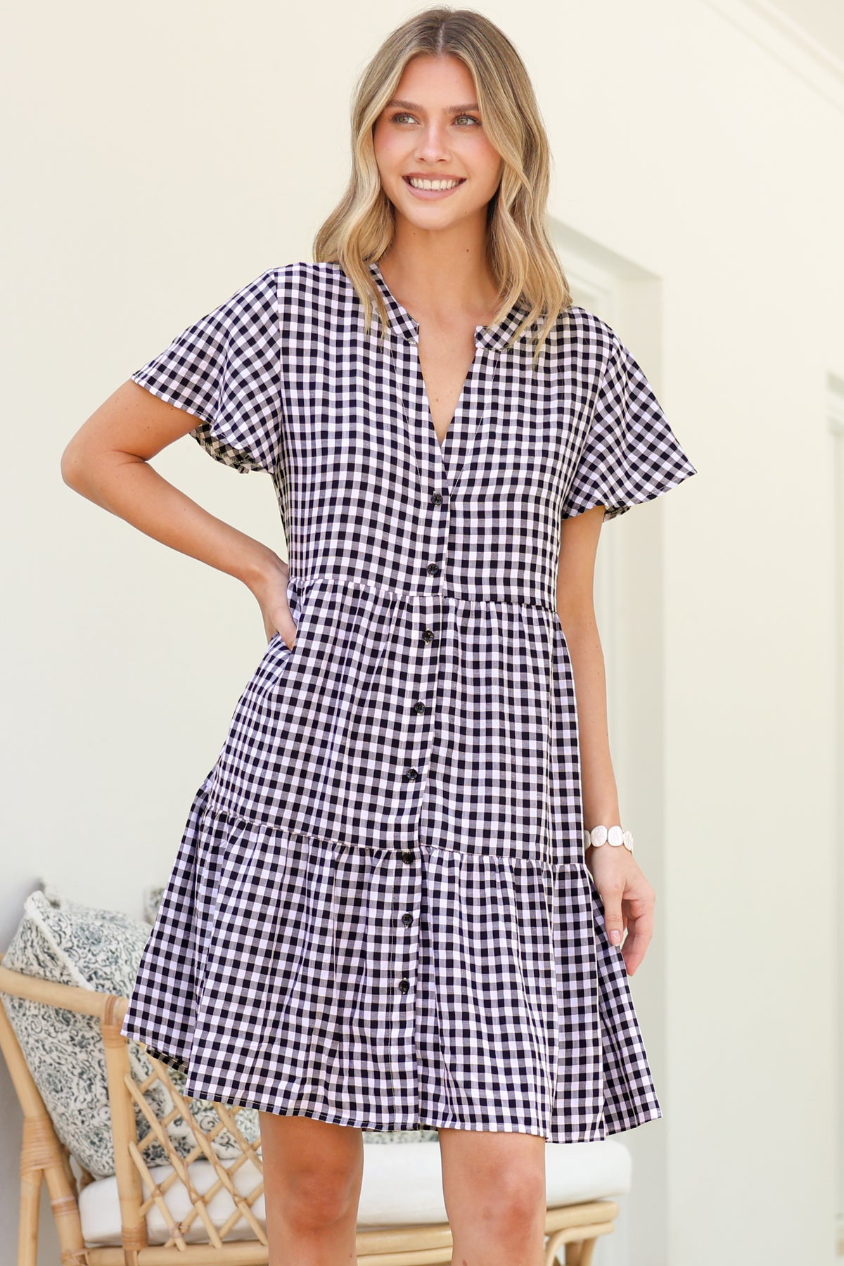 Greta Mini Dress - Manadrin Collar Button Down Dress in Gingham Print Black