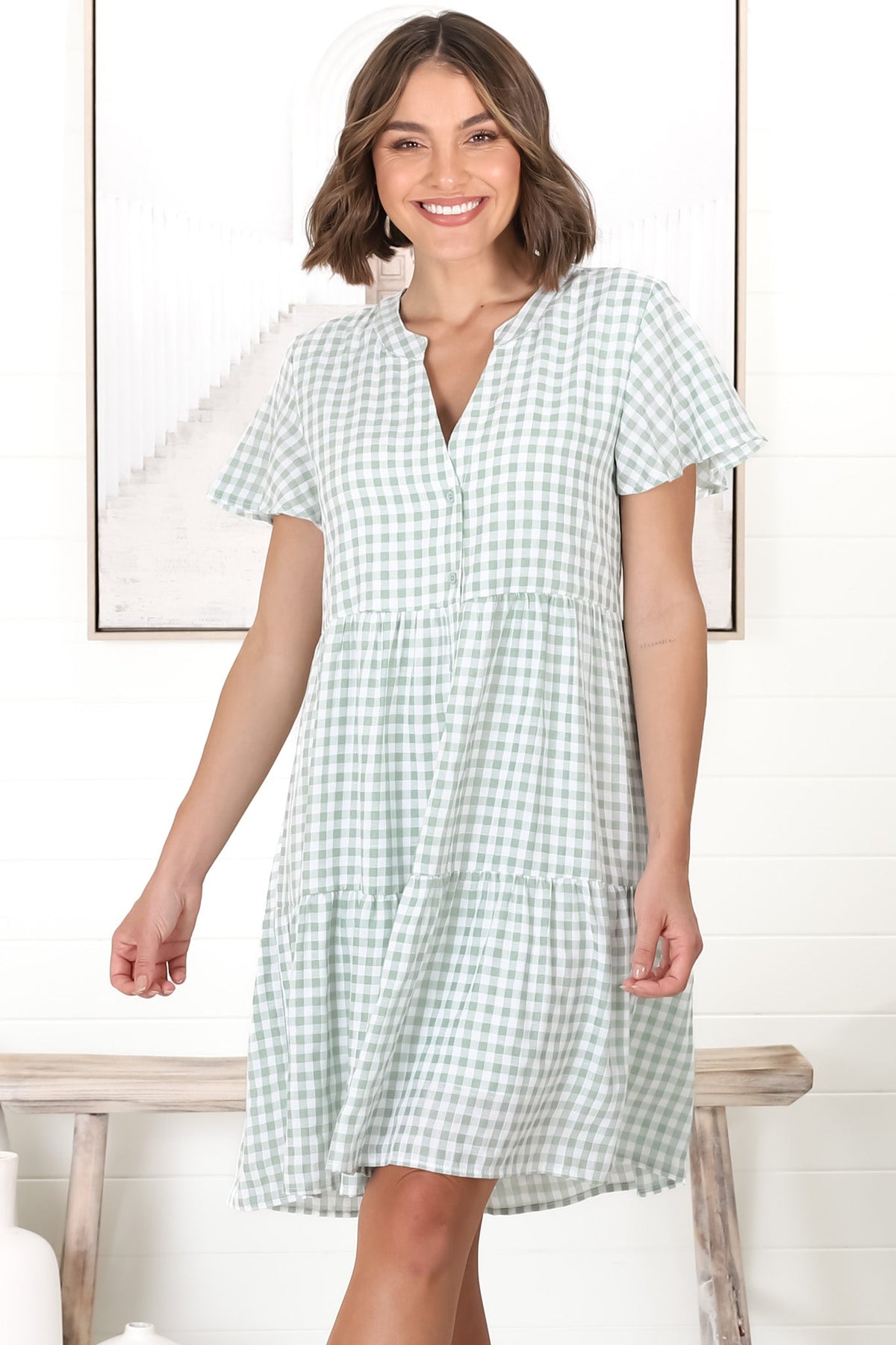 Greta Mini Dress - Manadrin Collar Button Down Dress in Gingham Print Green