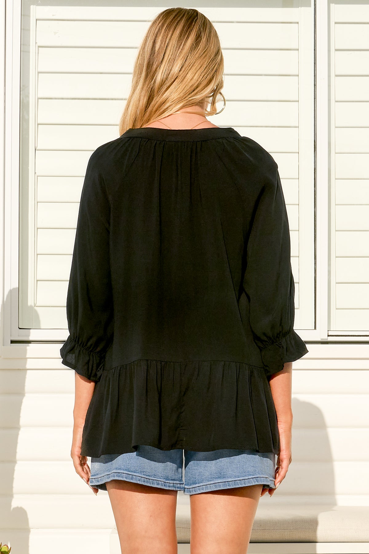Greta Top - Mandarin Collar Smock Top Black