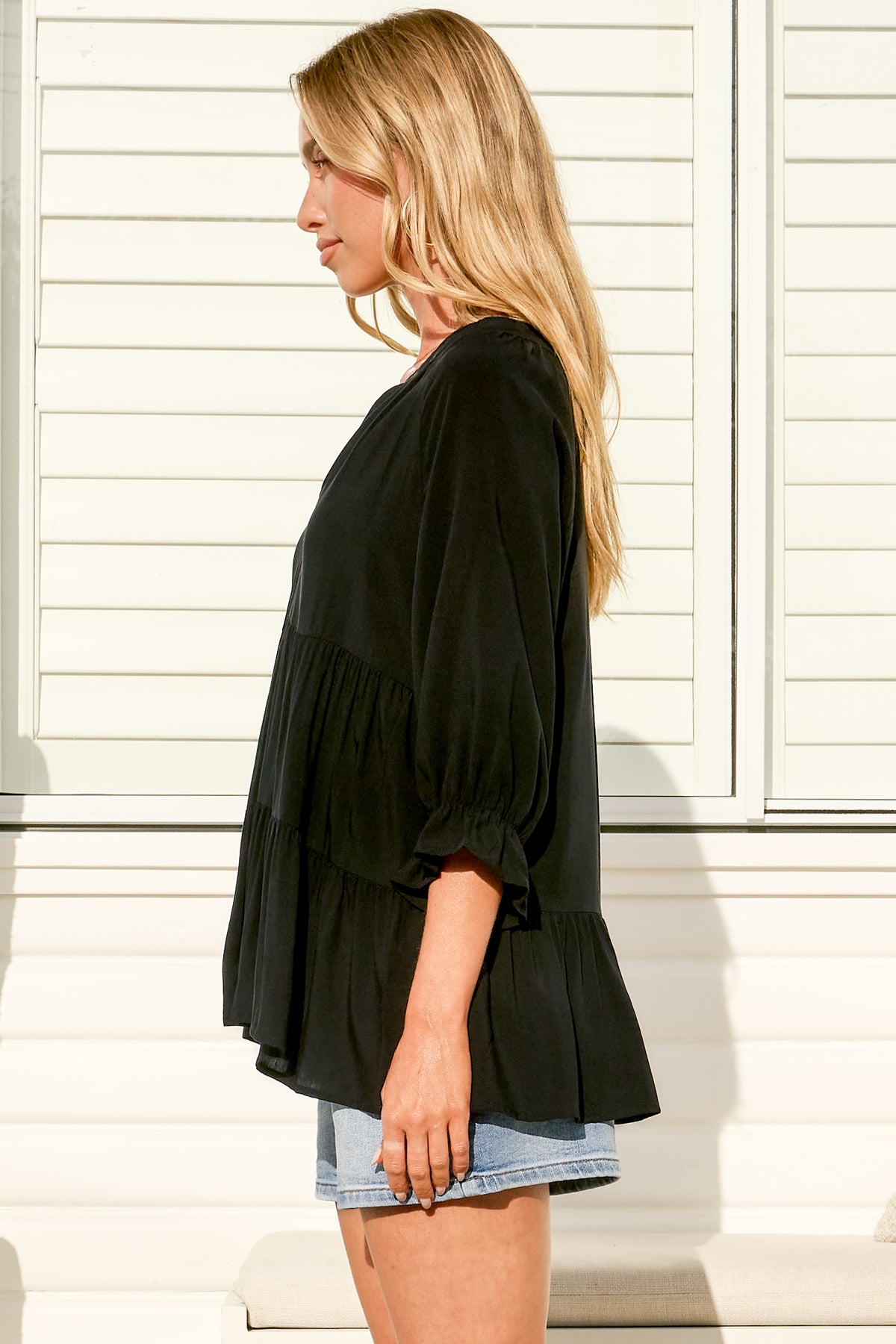 Greta Top - Mandarin Collar Smock Top Black