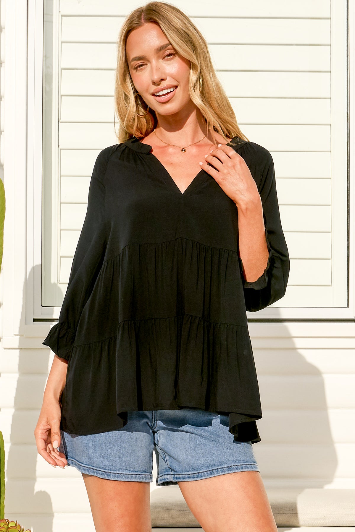 Greta Top - Mandarin Collar Smock Top Black