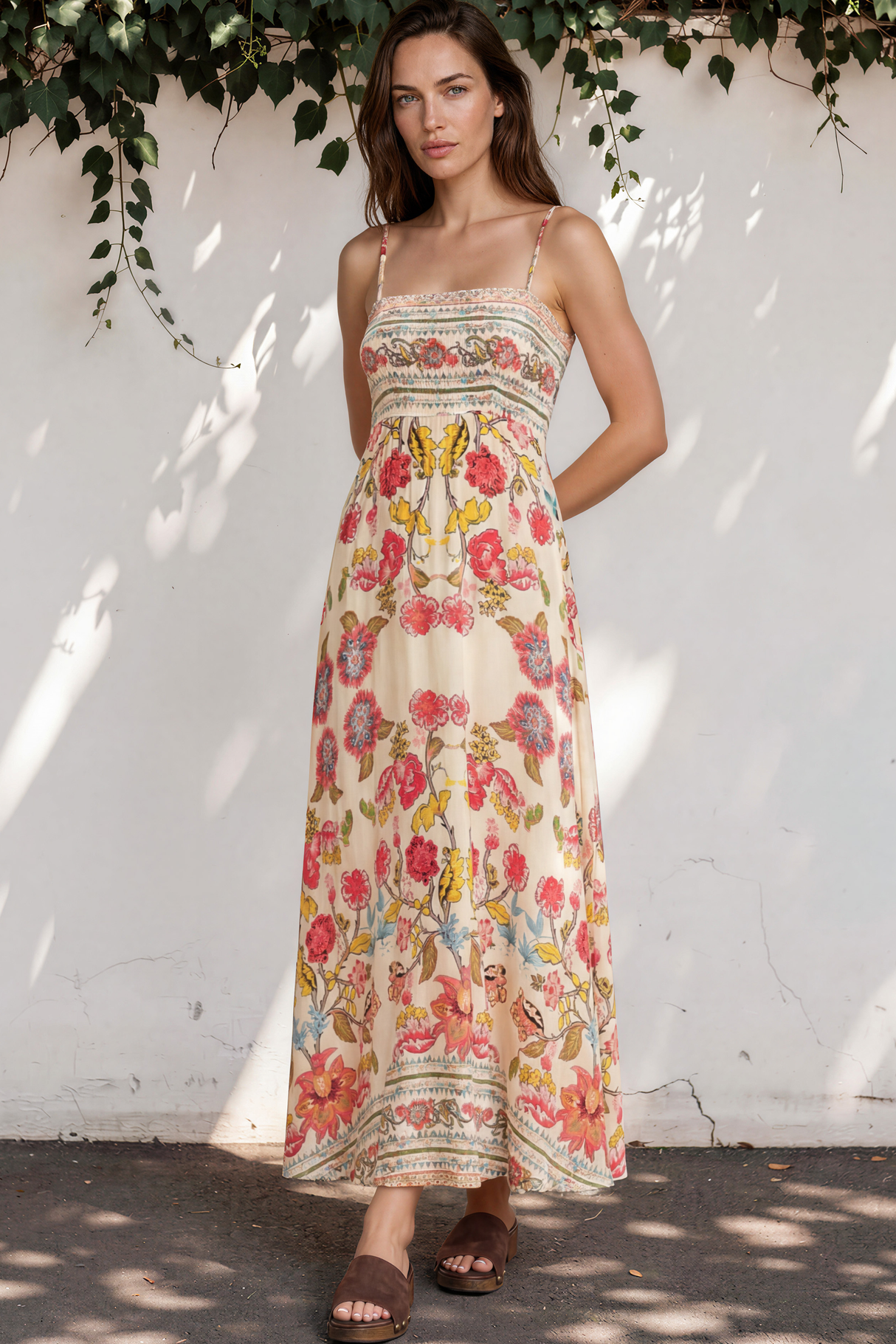 Model wearing Gretal Maxi Dress in Sweet Tea Print from Salty Crush