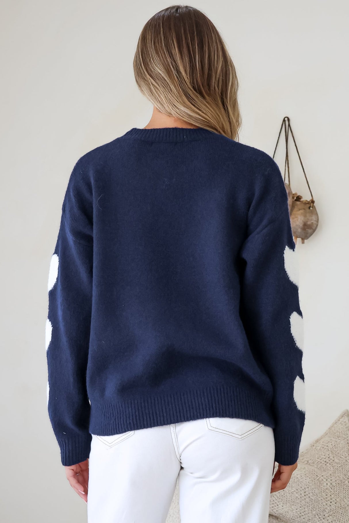 Gretchen Jumper - Crew Neck Contrast Heart Print Long Sleeves in Navy