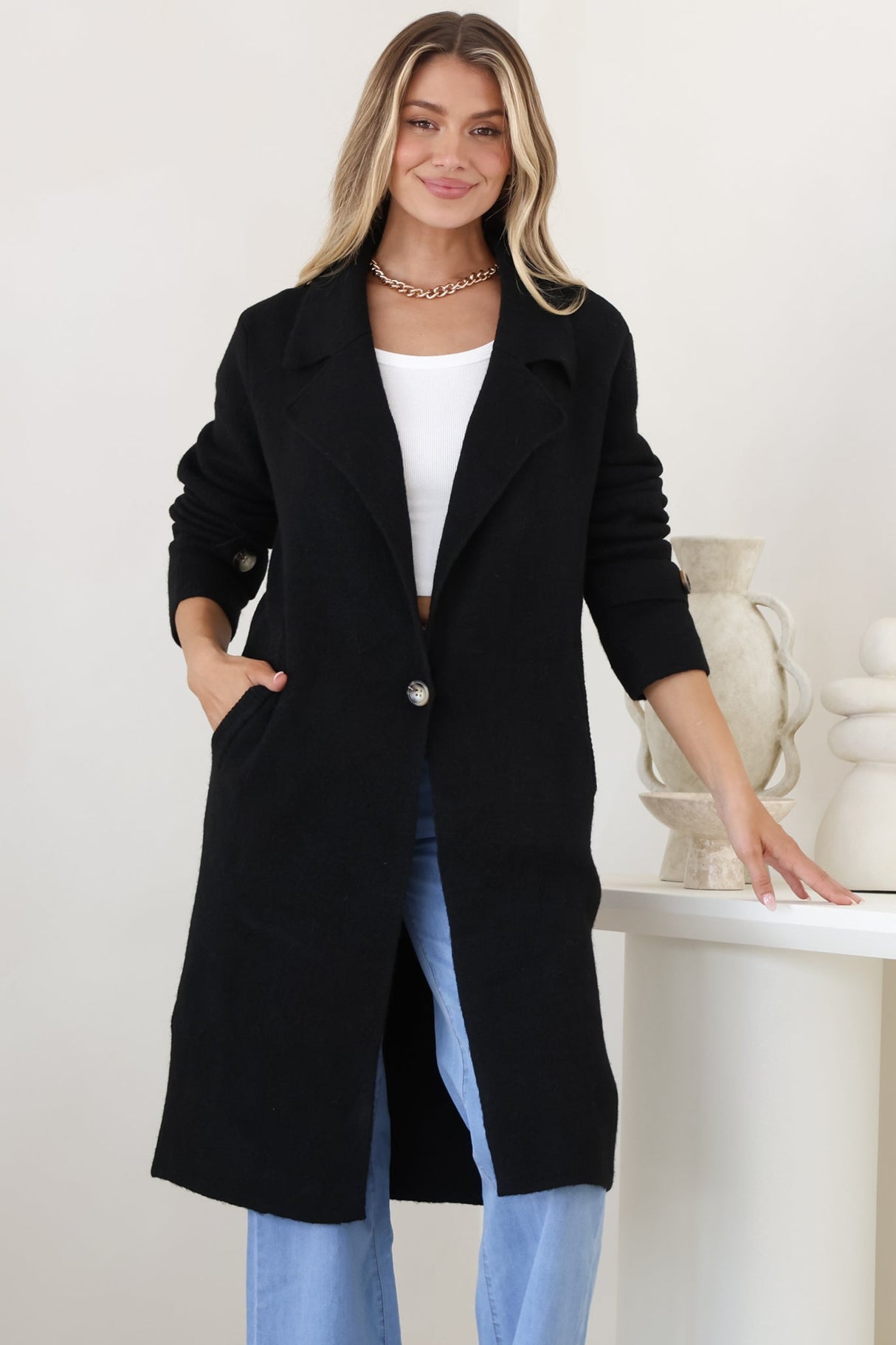 Griffin Cardigan - Collared Button Closure Coatigan with Pockets in Black