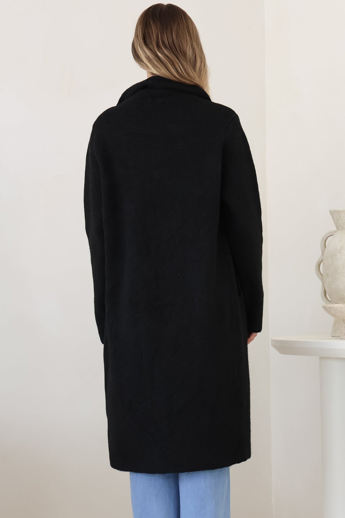 Griffin Cardigan - Collared Button Closure Coatigan with Pockets in Black