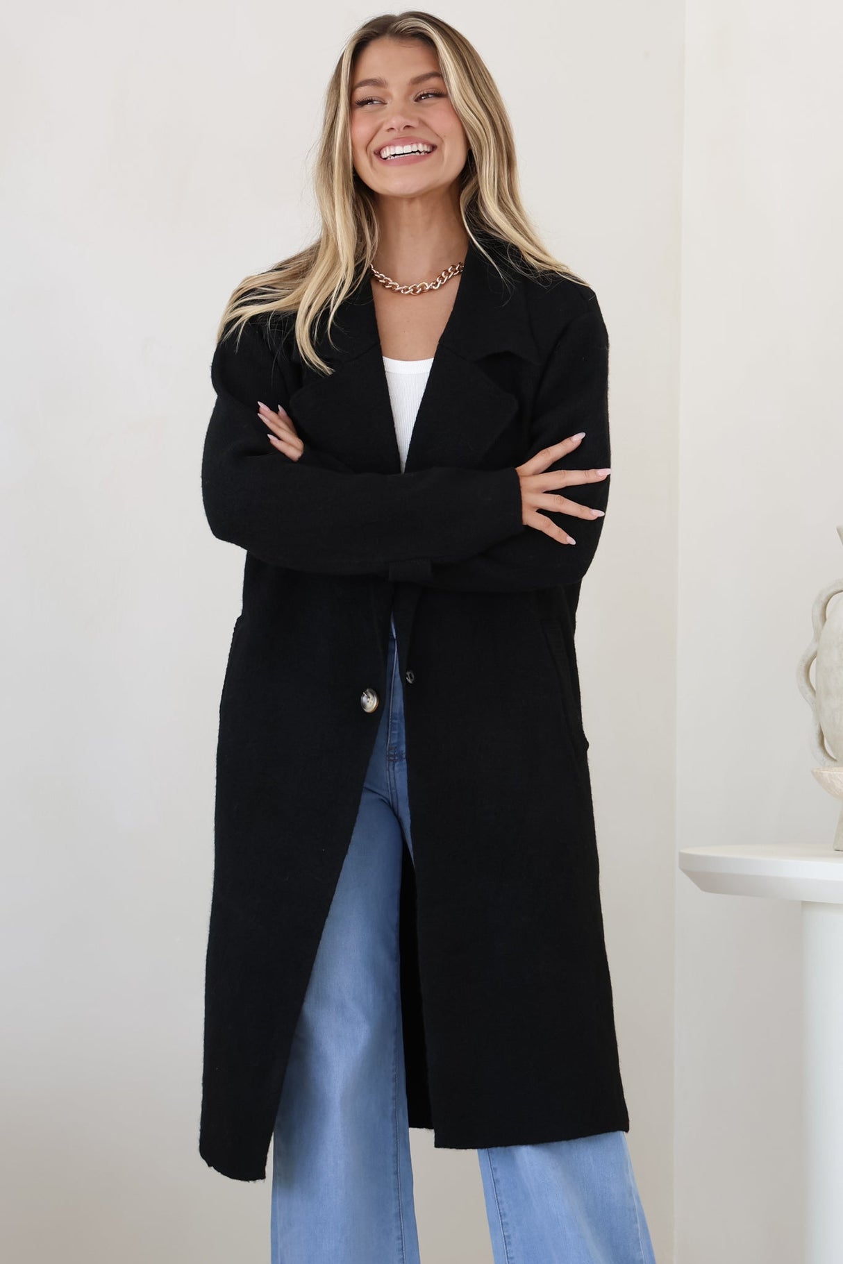 Griffin Cardigan - Collared Button Closure Coatigan with Pockets in Black