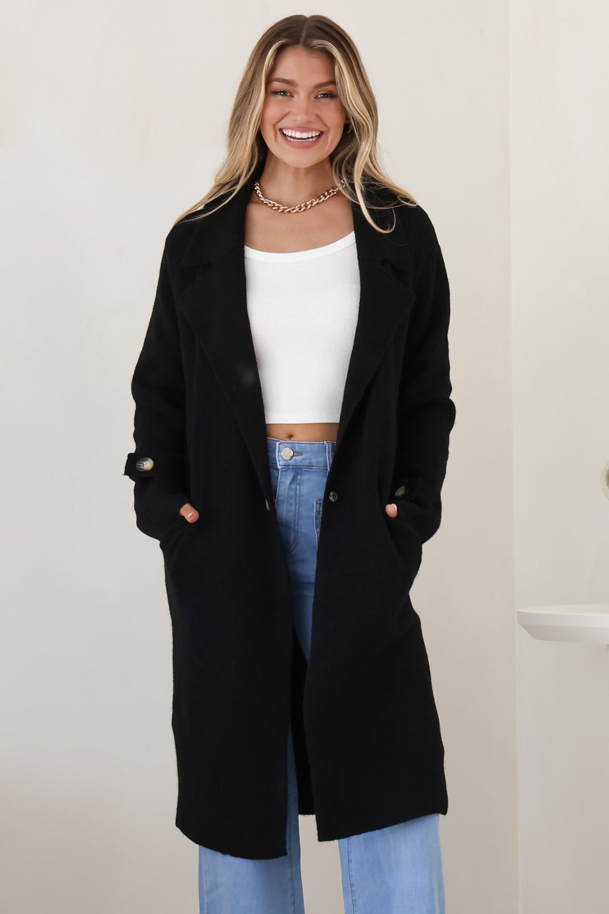 Griffin Cardigan - Collared Button Closure Coatigan with Pockets in Black