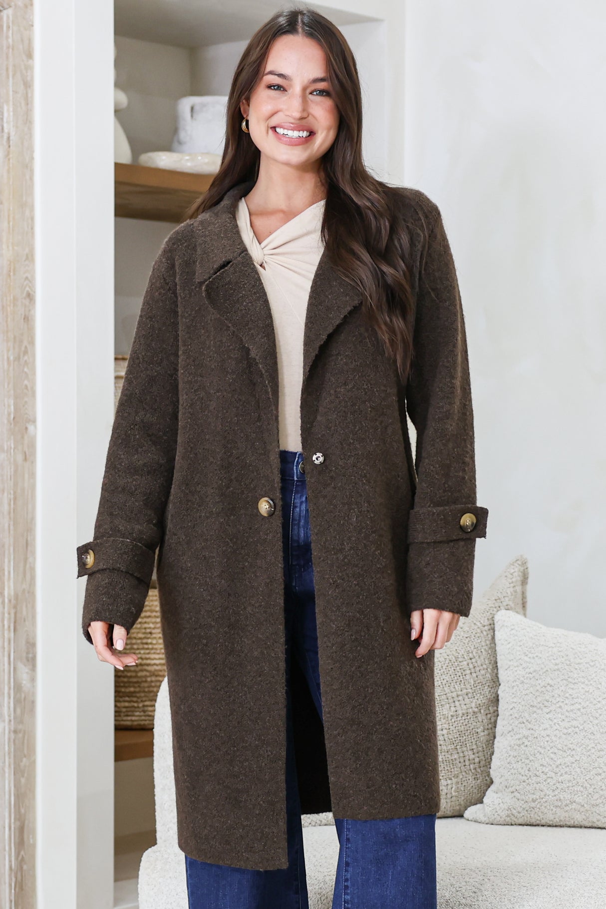 Model wearing Griffin Cardigan in Chocolate from Salty Crush