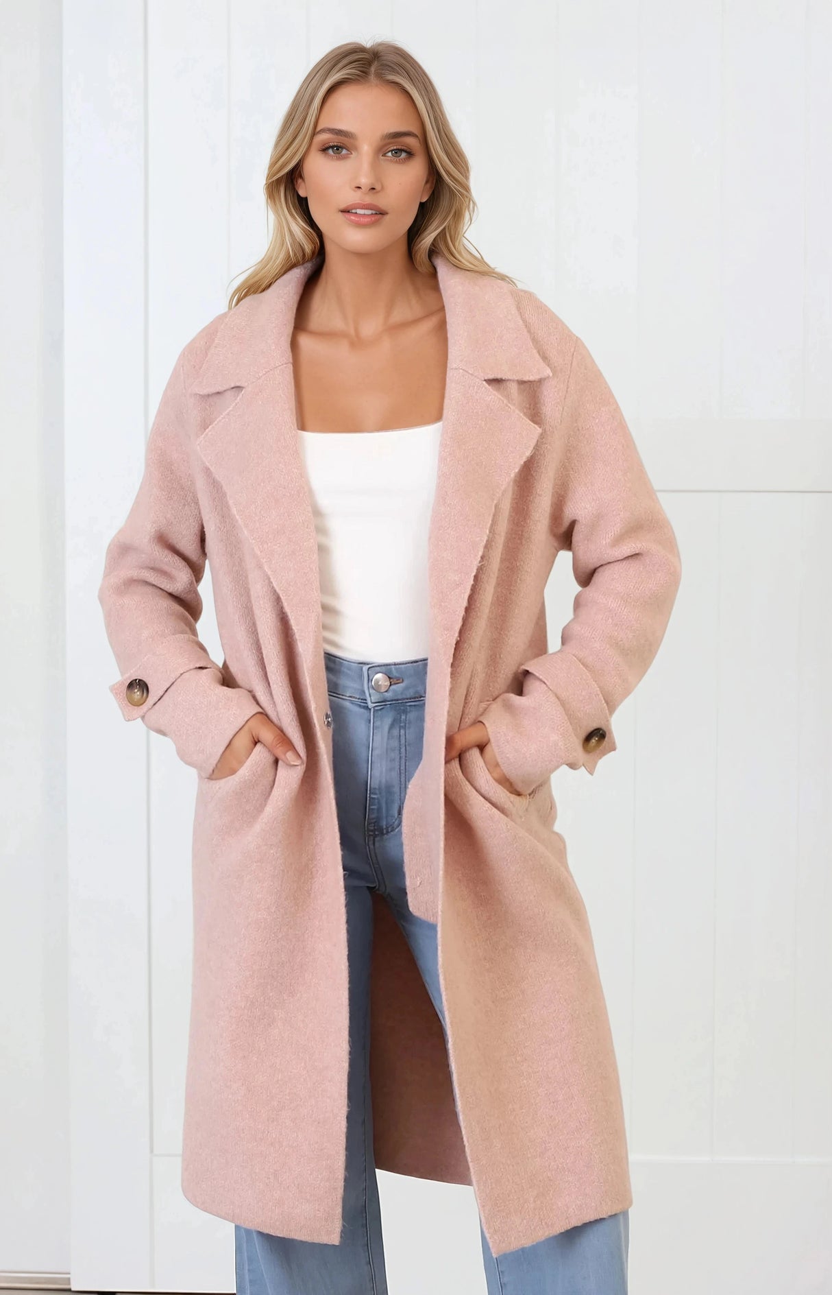 Griffin Cardigan - Collared Button Closure Coatigan with Pockets in Pink