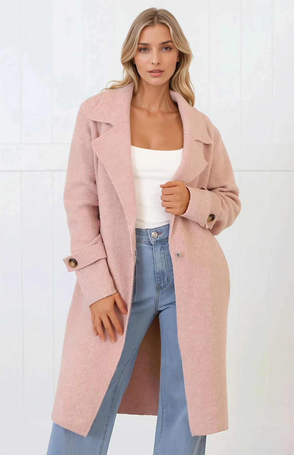 Griffin Cardigan - Collared Button Closure Coatigan with Pockets in Pink