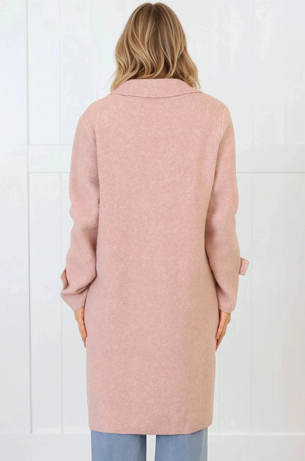 Griffin Cardigan - Collared Button Closure Coatigan with Pockets in Pink